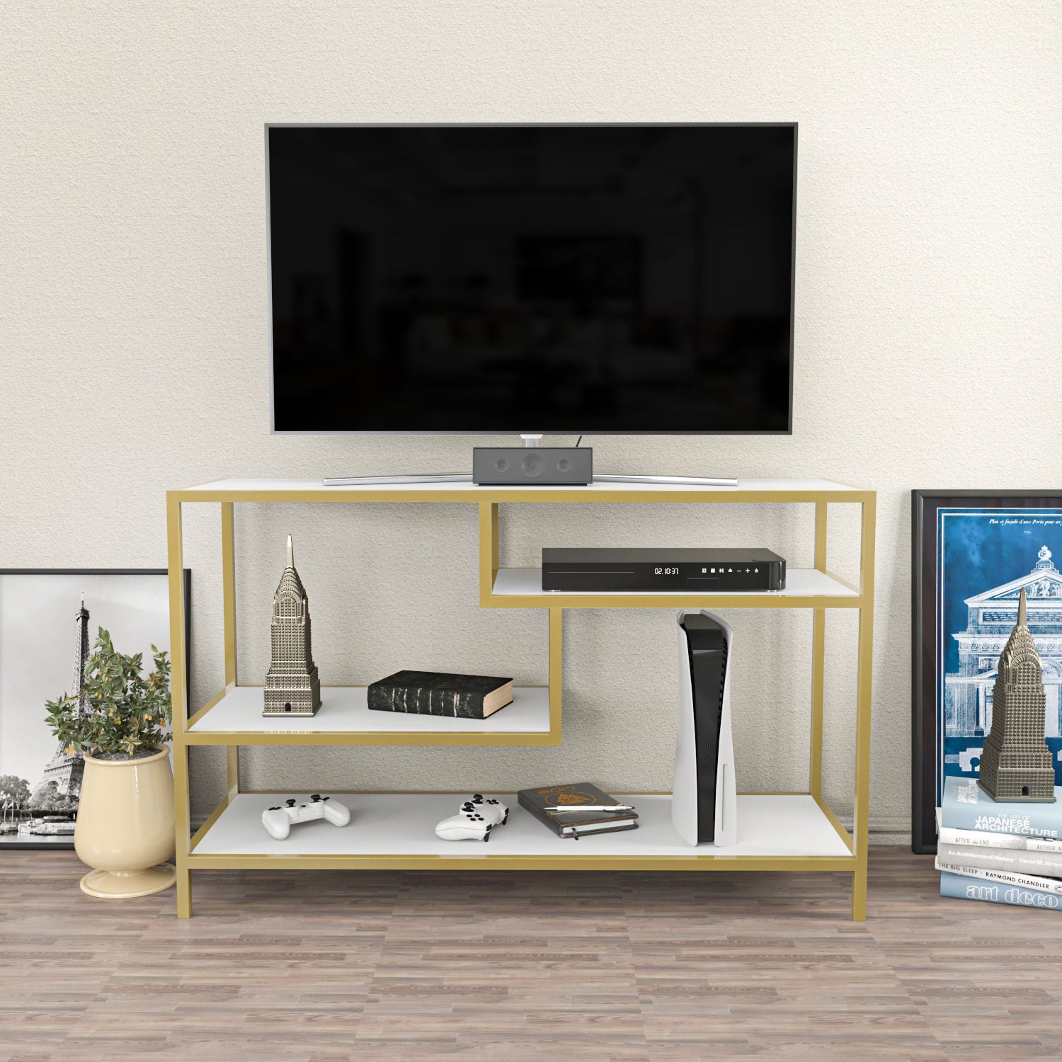 Móvel de TV Glamouroso, Dourado e Branco, 120 x 39 x 75 cm | Painel de partículas 100% revestido em melamina, 18 mm de espessura, estrutura de metal resistente | Design elegante e funcional para salas de estar modernas