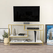 Móvel de TV Glamouroso, Dourado e Branco, 120 x 39 x 75 cm | Painel de partículas 100% revestido em melamina, 18 mm de espessura, estrutura de metal resistente | Design elegante e funcional para salas de estar modernas