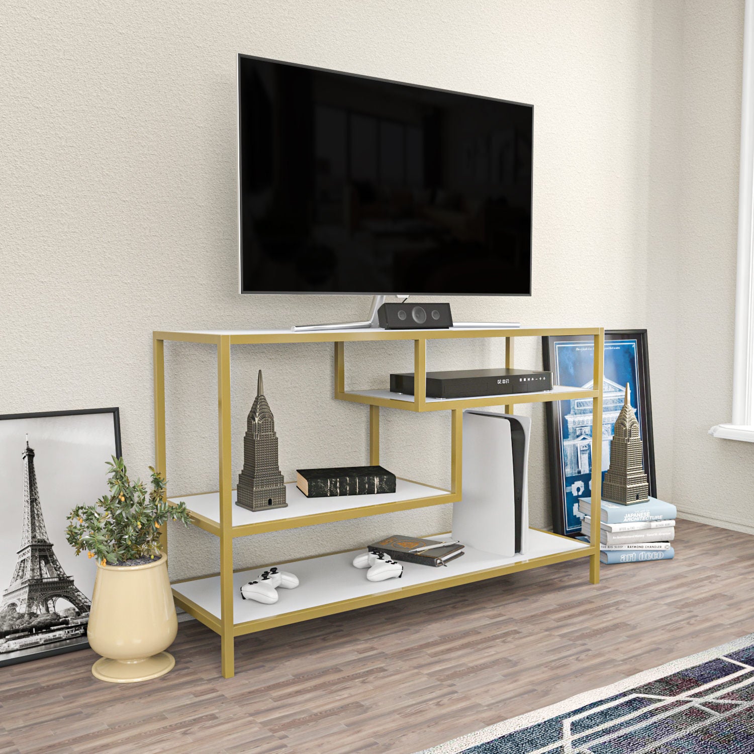Móvel de TV Glamouroso, Dourado e Branco, 120 x 39 x 75 cm | Painel de partículas 100% revestido em melamina, 18 mm de espessura, estrutura de metal resistente | Design elegante e funcional para salas de estar modernas