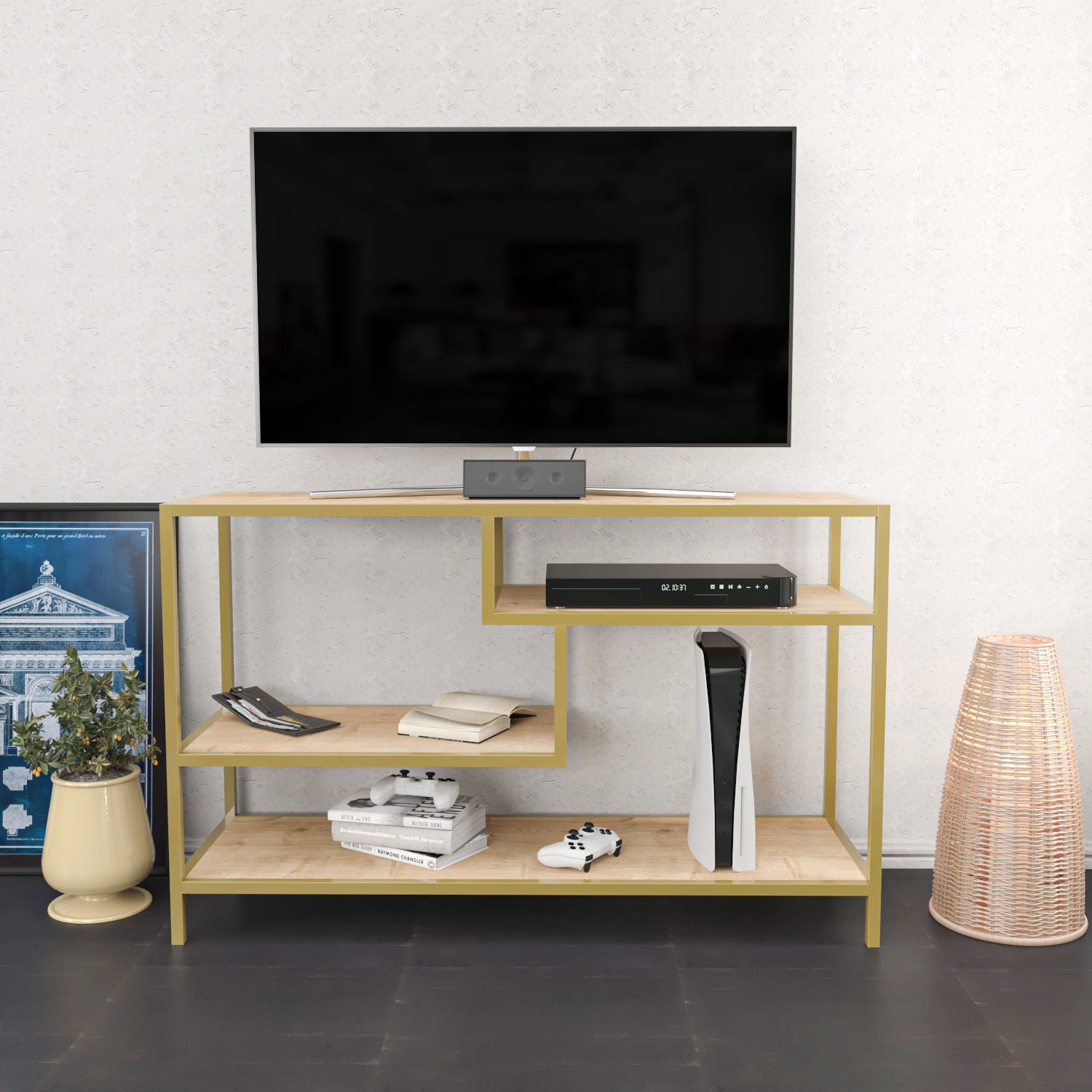 Móvel de TV Glamouroso, Dourado e Carvalho, 120 x 39 x 75 cm | Painel de partículas 100% revestido em melamina, 18 mm de espessura, estrutura de metal resistente | Design elegante e funcional para salas de estar modernas