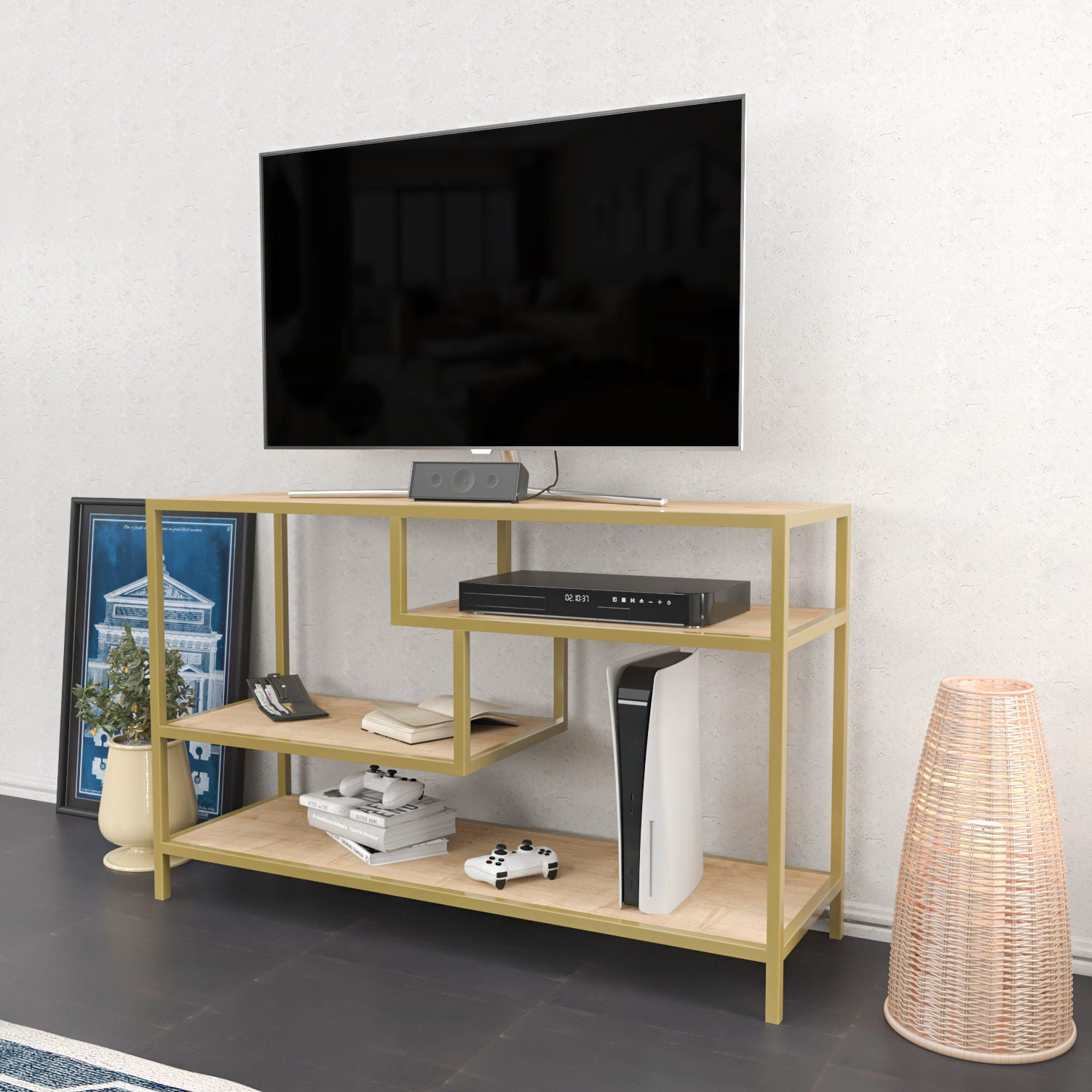 Móvel de TV Glamouroso, Dourado e Carvalho, 120 x 39 x 75 cm | Painel de partículas 100% revestido em melamina, 18 mm de espessura, estrutura de metal resistente | Design elegante e funcional para salas de estar modernas