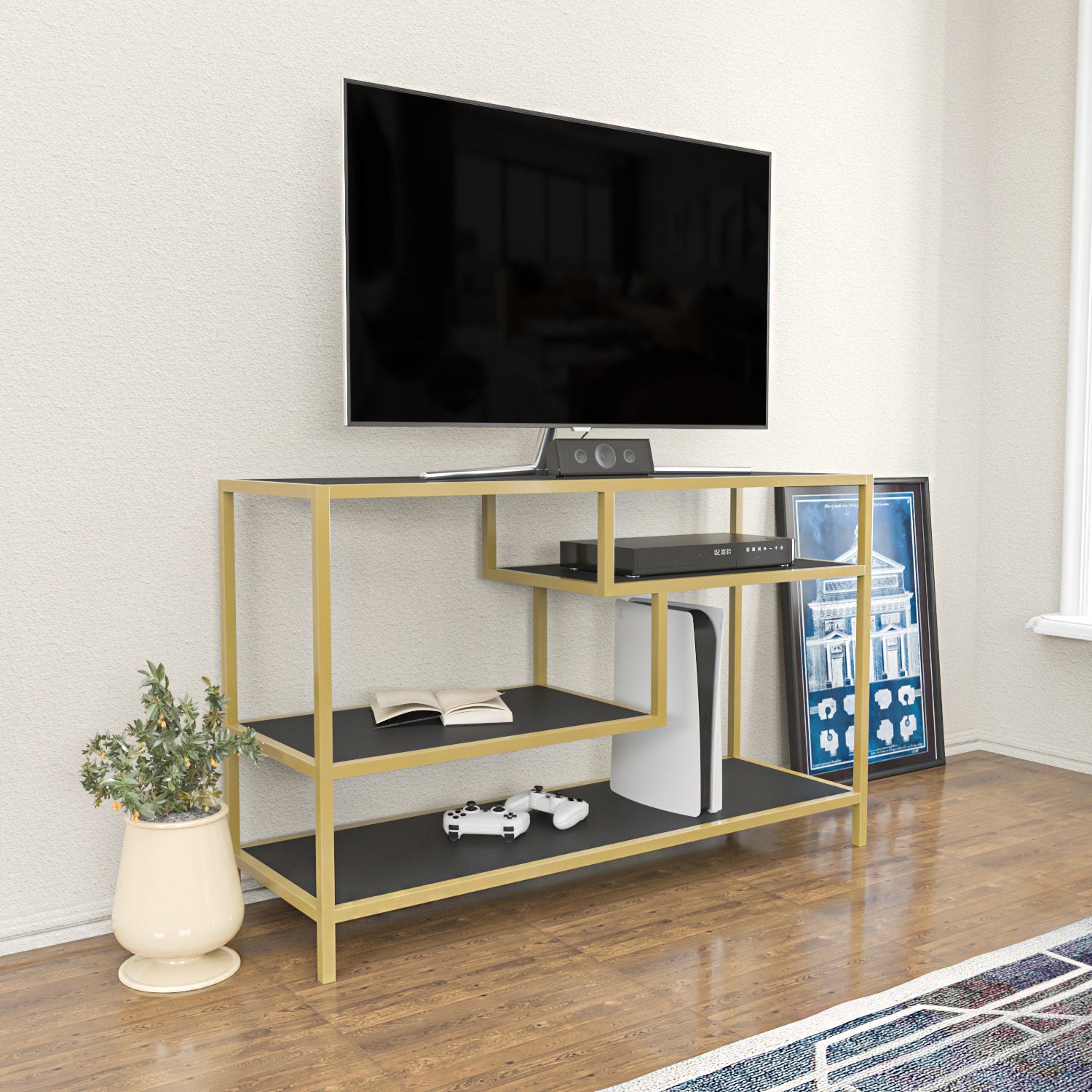 Móvel de TV glamoroso, 120 cm de largura, dourado e antracite | Painel de partículas 100% revestido de melamina, 18 mm de espessura, estrutura de metal resistente | Design elegante e funcional para salas de estar modernas