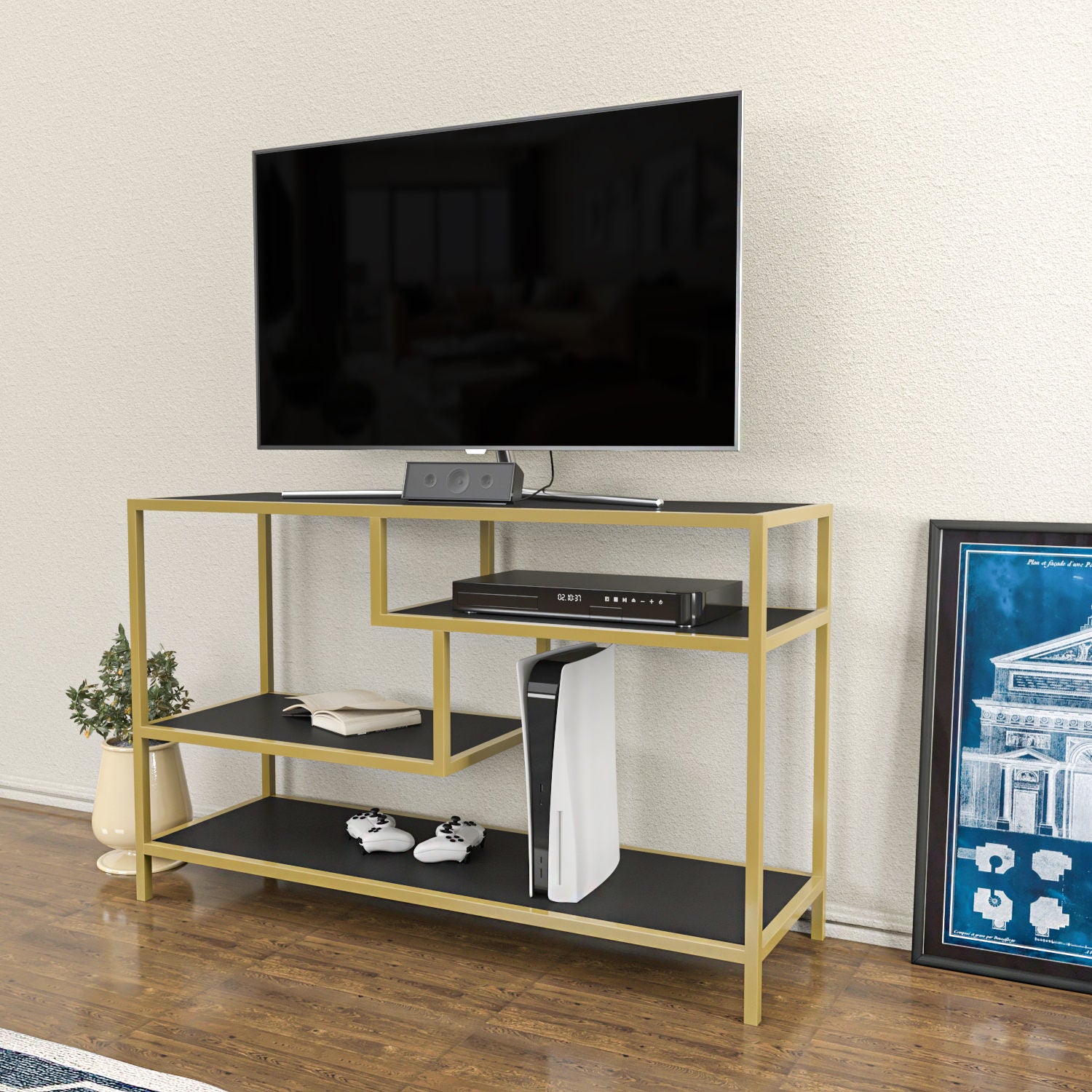 Móvel de TV glamoroso, 120 cm de largura, dourado e antracite | Painel de partículas 100% revestido de melamina, 18 mm de espessura, estrutura de metal resistente | Design elegante e funcional para salas de estar modernas