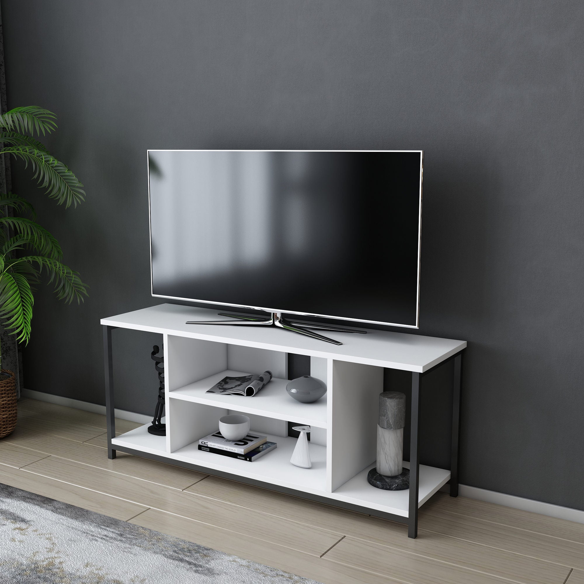 Móvel de TV elegante, preto e branco, 120 x 35 x 50,8 cm | Painel de partículas 100% revestido de melamina, 18 mm de espessura, estrutura de metal resistente | Design moderno para sala de estar