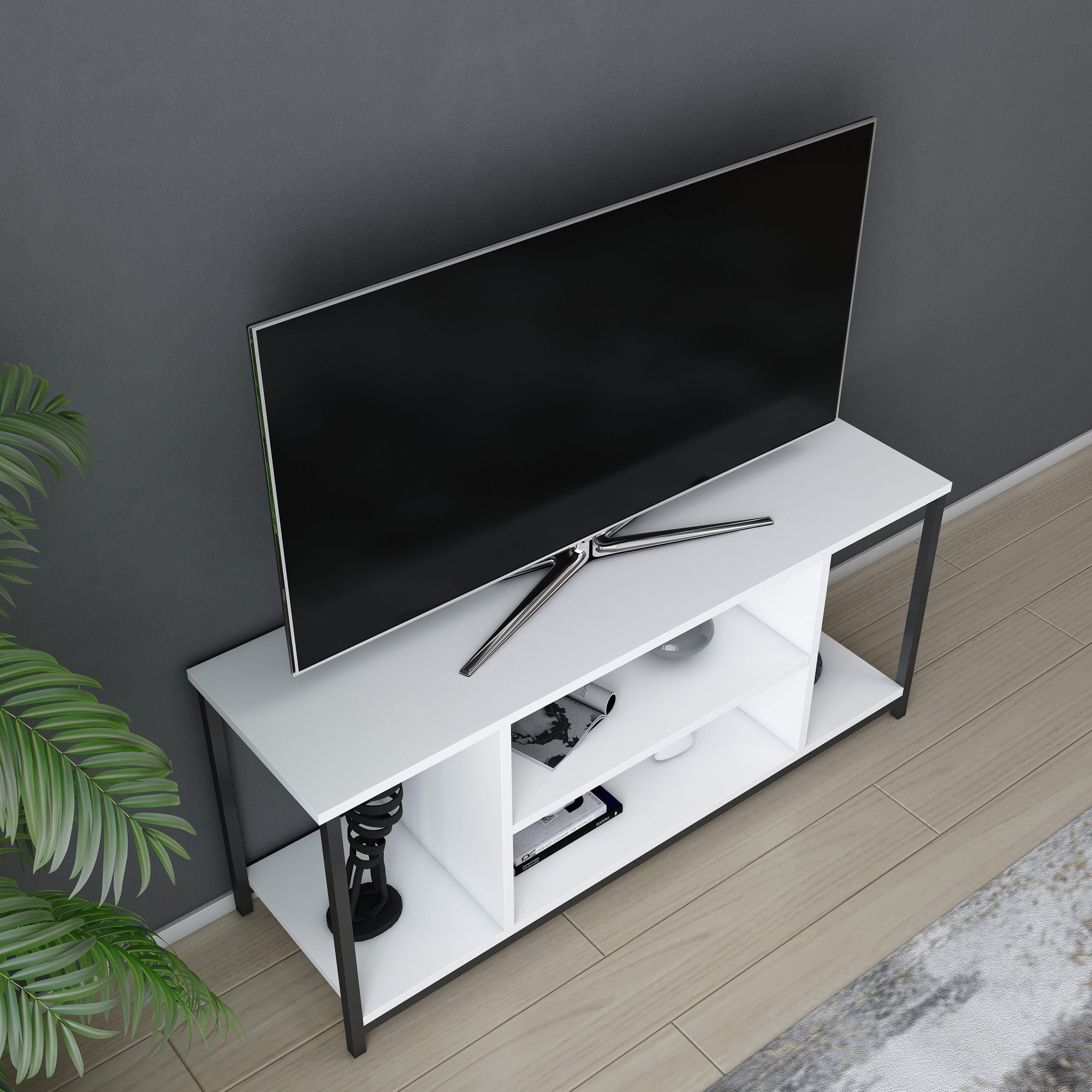 Móvel de TV elegante, preto e branco, 120 x 35 x 50,8 cm | Painel de partículas 100% revestido de melamina, 18 mm de espessura, estrutura de metal resistente | Design moderno para sala de estar