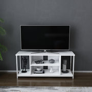 Móvel de TV escandinavo, branco, 120 x 35 x 50,8 cm | Painel de partículas 100% revestido em melamina, 18 mm de espessura, estrutura de metal | Elegante e funcional para salas de estar modernas
