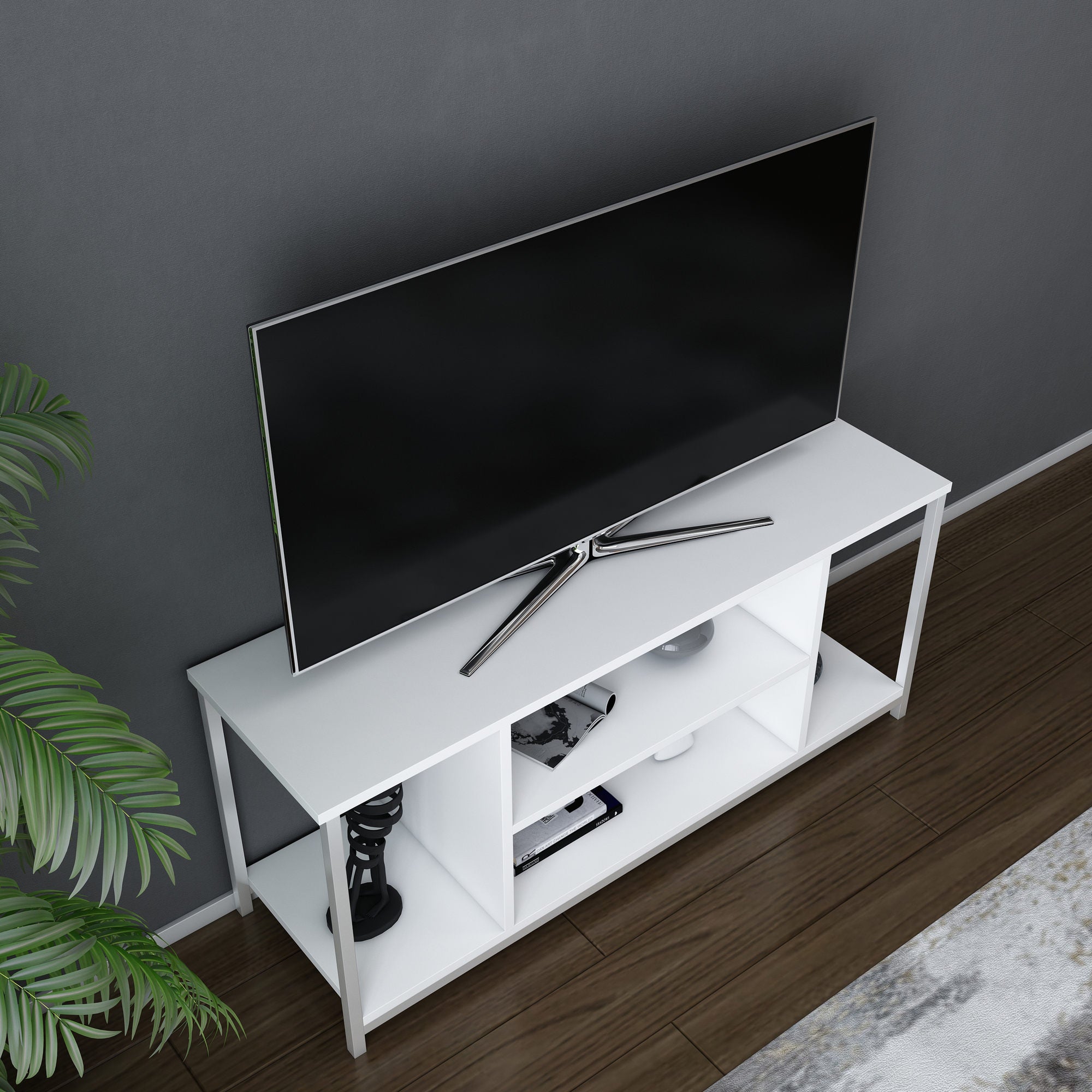 Móvel de TV escandinavo, branco, 120 x 35 x 50,8 cm | Painel de partículas 100% revestido em melamina, 18 mm de espessura, estrutura de metal | Elegante e funcional para salas de estar modernas