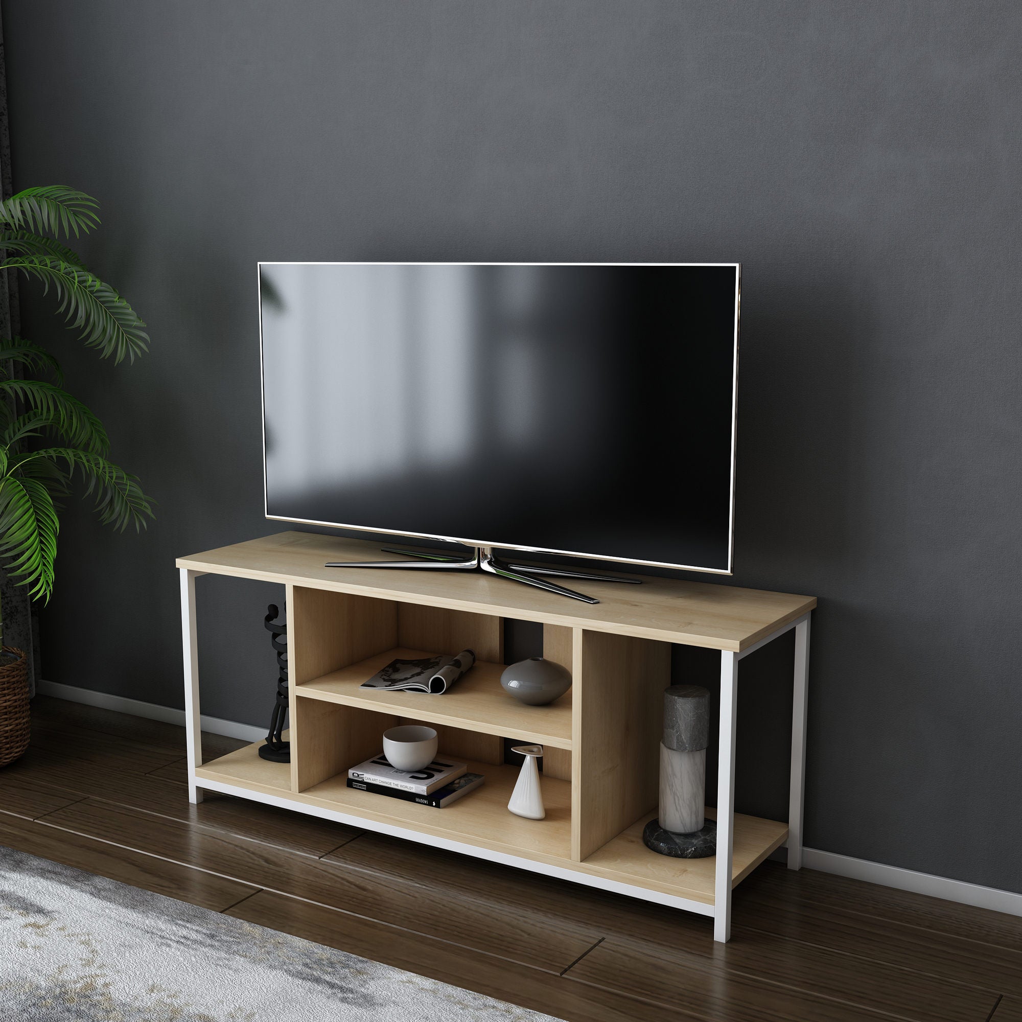Móvel de TV escandinavo, branco e carvalho, 120 x 35 x 50,8 cm | Painel de partículas 100% revestido de melamina, 18 mm de espessura, estrutura de metal resistente | Design elegante e funcional para salas de estar modernas