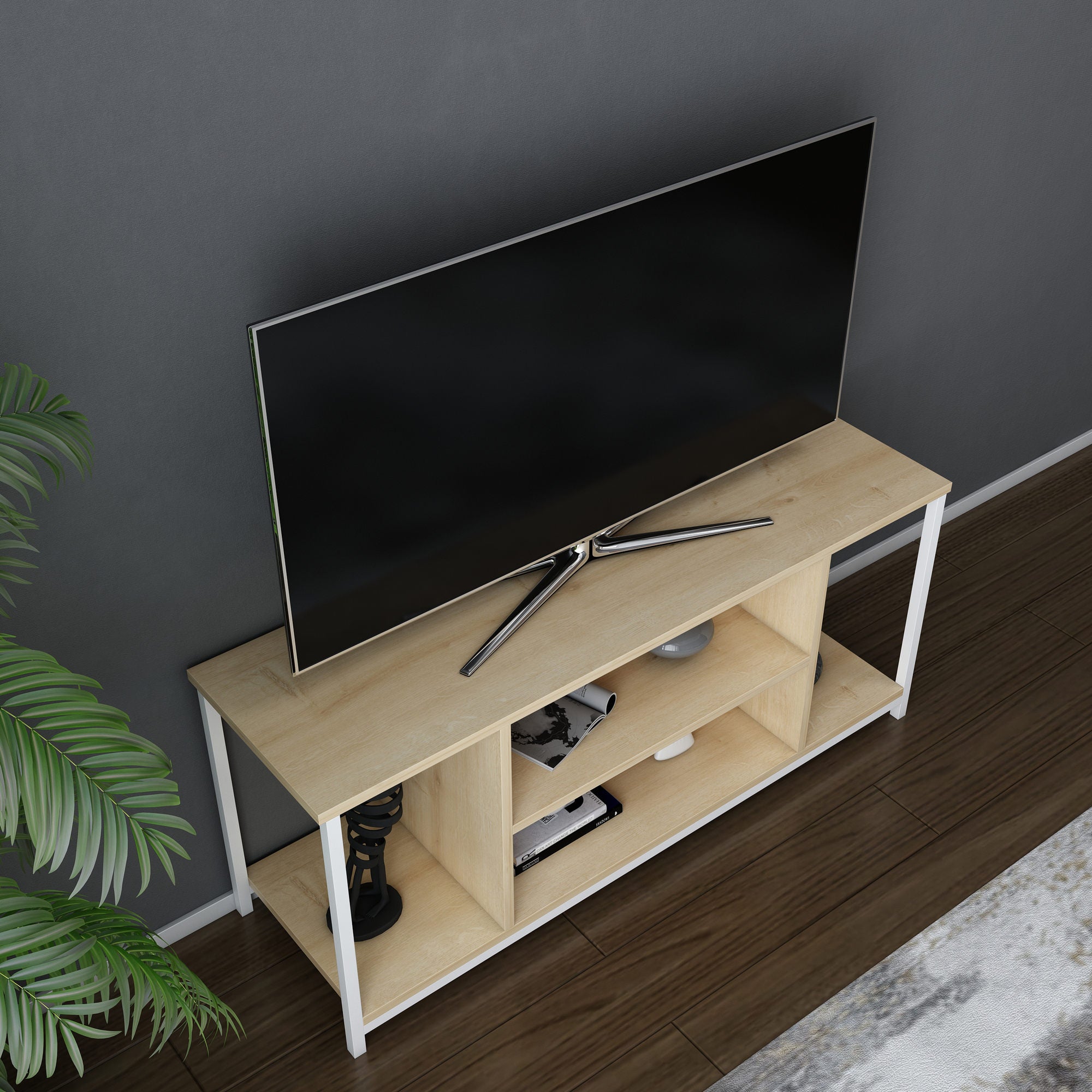 Móvel de TV escandinavo, branco e carvalho, 120 x 35 x 50,8 cm | Painel de partículas 100% revestido de melamina, 18 mm de espessura, estrutura de metal resistente | Design elegante e funcional para salas de estar modernas