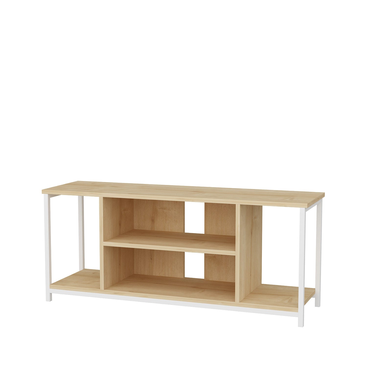 Móvel de TV escandinavo, branco e carvalho, 120 x 35 x 50,8 cm | Painel de partículas 100% revestido de melamina, 18 mm de espessura, estrutura de metal resistente | Design elegante e funcional para salas de estar modernas
