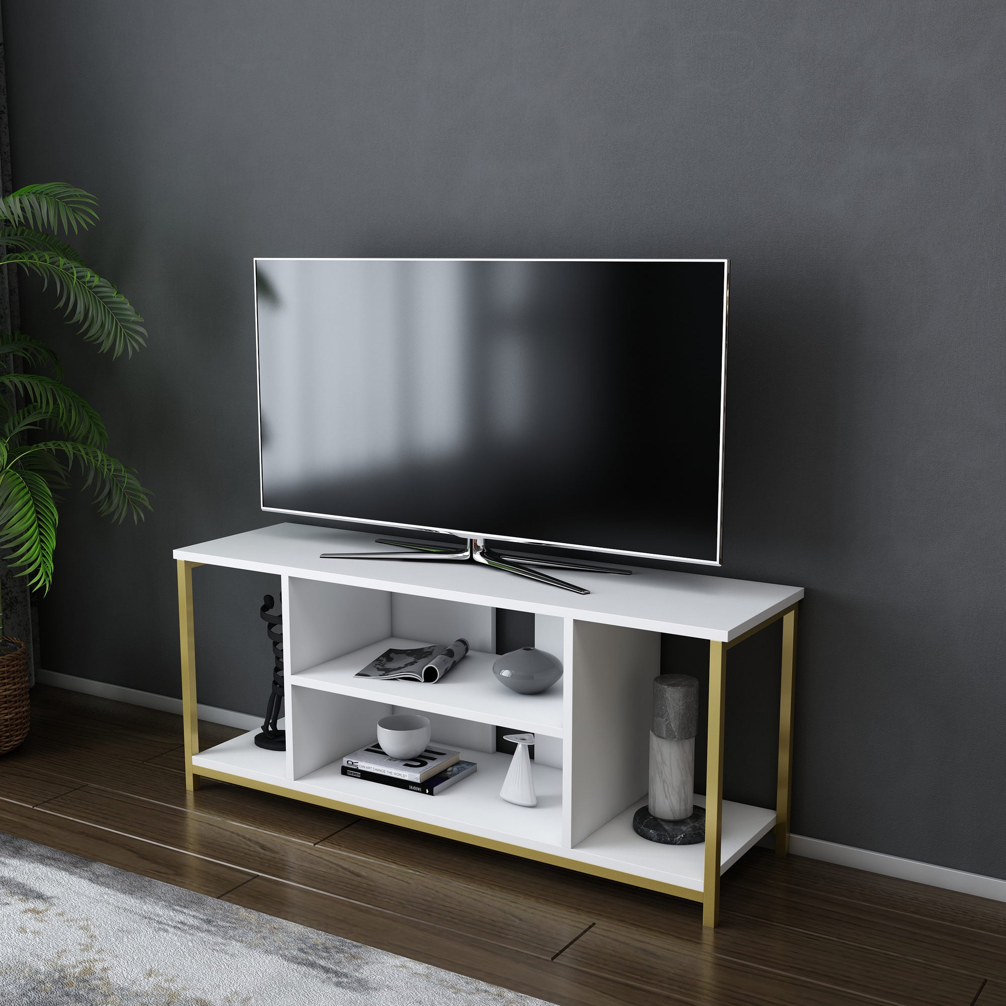 Móvel de TV Glam, Branco e Dourado, 120 x 35 x 50,8 cm | Painel de partículas 100% revestido em melamina, 18 mm de espessura, estrutura de metal resistente | Design elegante e funcional para salas de estar modernas