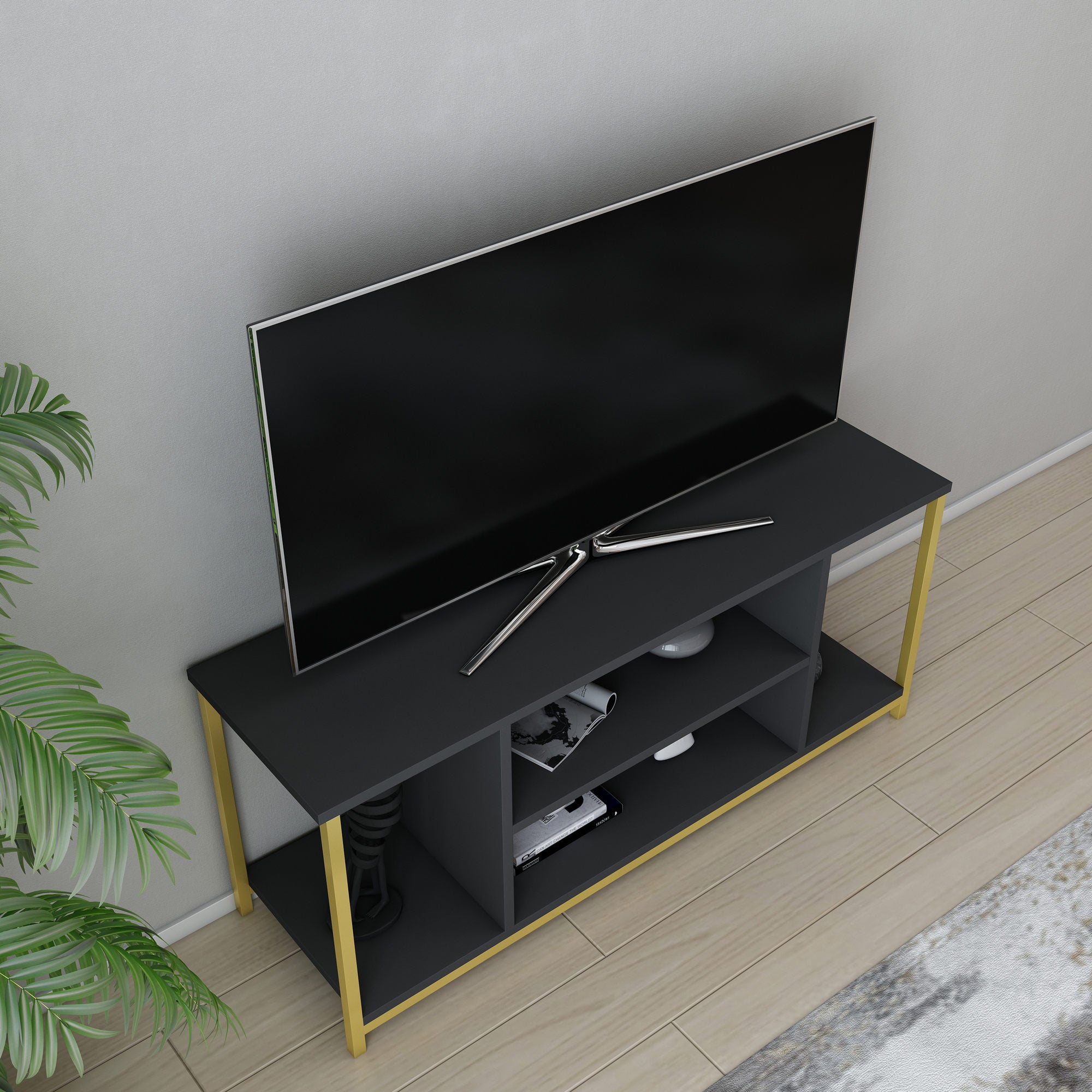 Móvel de TV Glamouroso, Antracite e Dourado, 120 x 35 x 50,8 cm | Painel de partículas 100% revestido em melamina, 18 mm de espessura, estrutura de metal resistente | Design elegante e funcional para salas de estar modernas