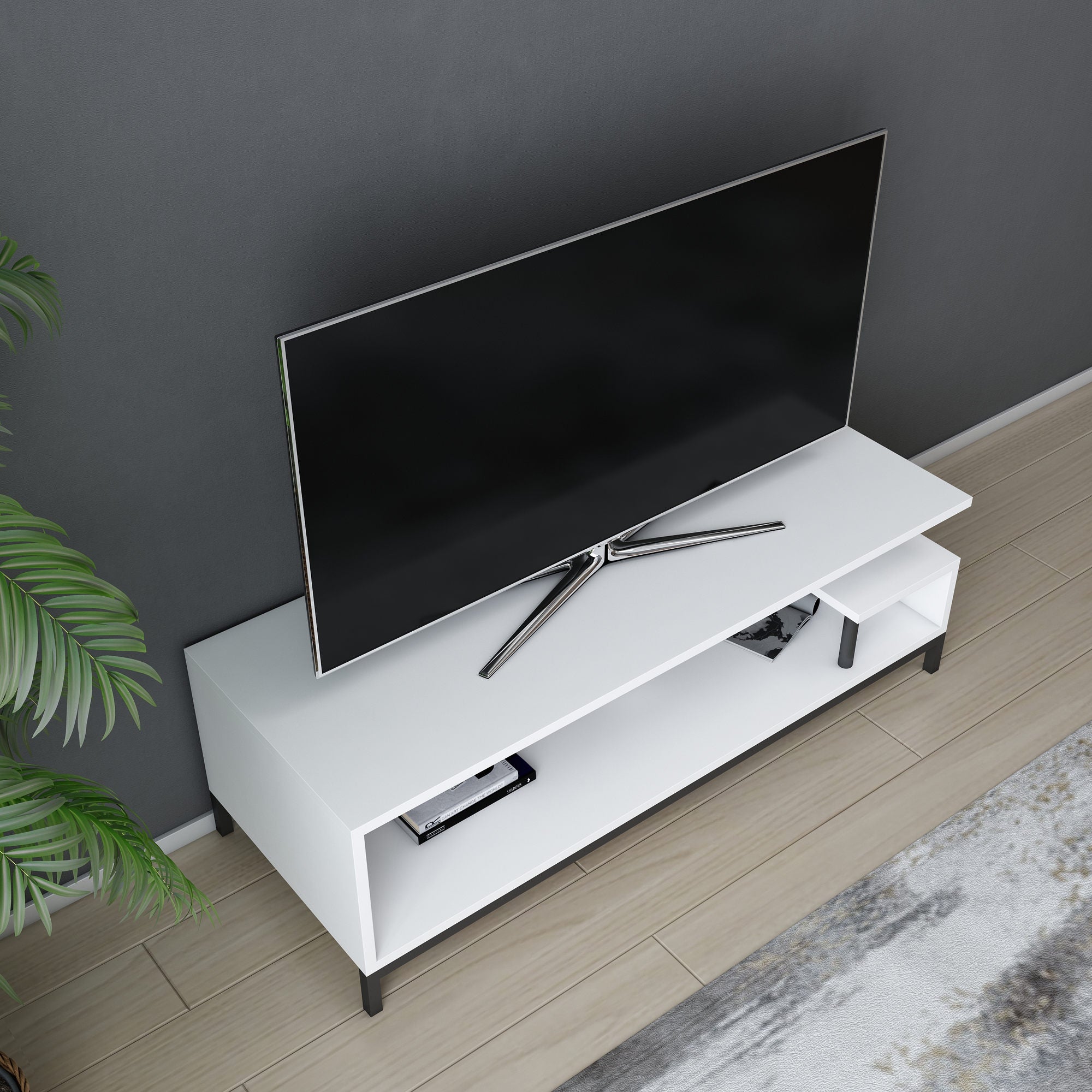 Móvel de TV elegante, preto e branco, 120 x 44,6 x 37,6 cm | Painel de partículas 100% revestido de melamina, 18 mm de espessura | Design moderno para salas de estar e espaços de entretenimento