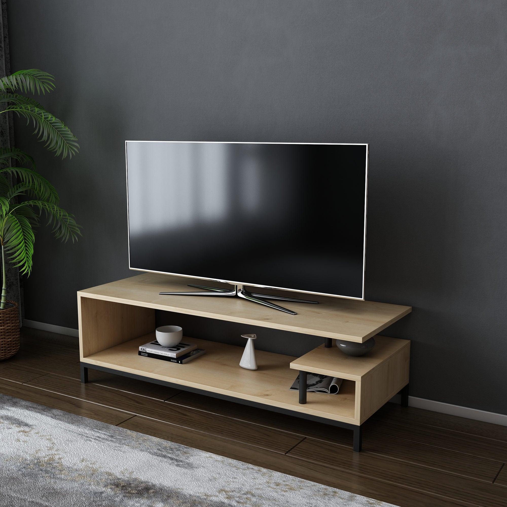 Móvel de TV industrial, preto e carvalho, 120 x 44,6 x 37,6 cm | Painel de partículas 100% revestido de melamina, 18 mm de espessura | Elegante e durável para salas de estar modernas