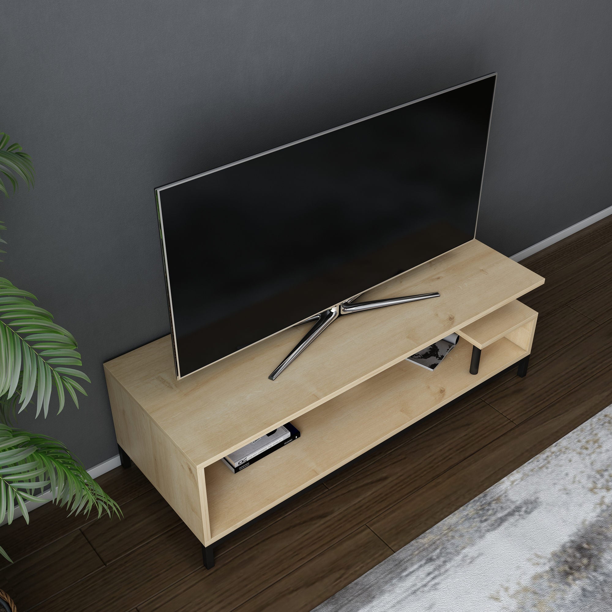 Móvel de TV industrial, preto e carvalho, 120 x 44,6 x 37,6 cm | Painel de partículas 100% revestido de melamina, 18 mm de espessura | Elegante e durável para salas de estar modernas
