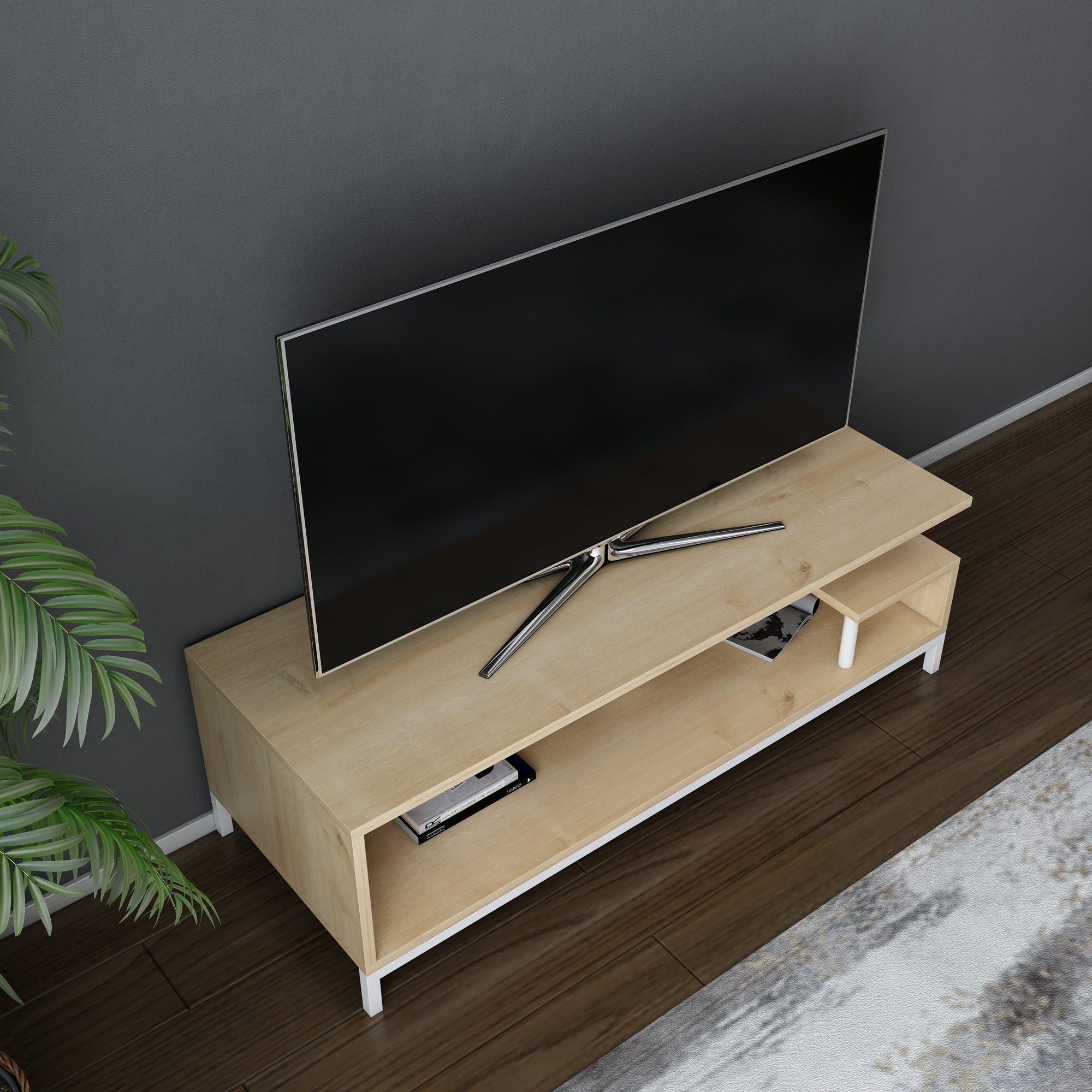 Móvel de TV escandinavo, branco e carvalho, 120 x 44,6 x 37,6 cm | Painel de partículas 100% revestido de melamina, 18 mm de espessura | Elegante e funcional para salas de estar modernas