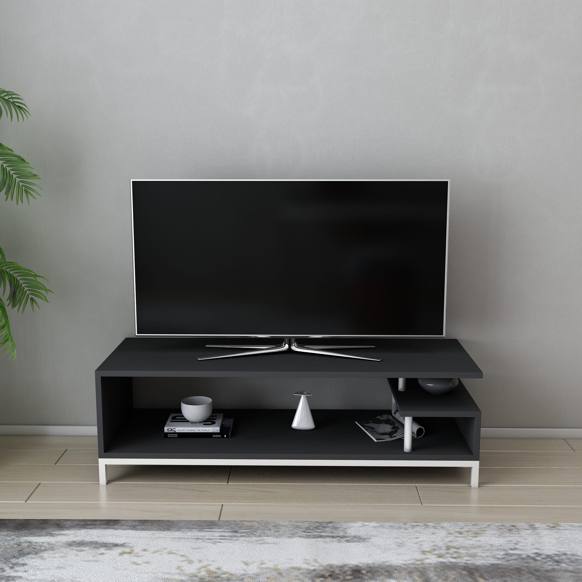 Móvel de TV escandinavo, 120 cm, branco e antracite | Painel de partículas 100% revestido de melamina, 18 mm de espessura | Elegante e funcional para salas de estar modernas