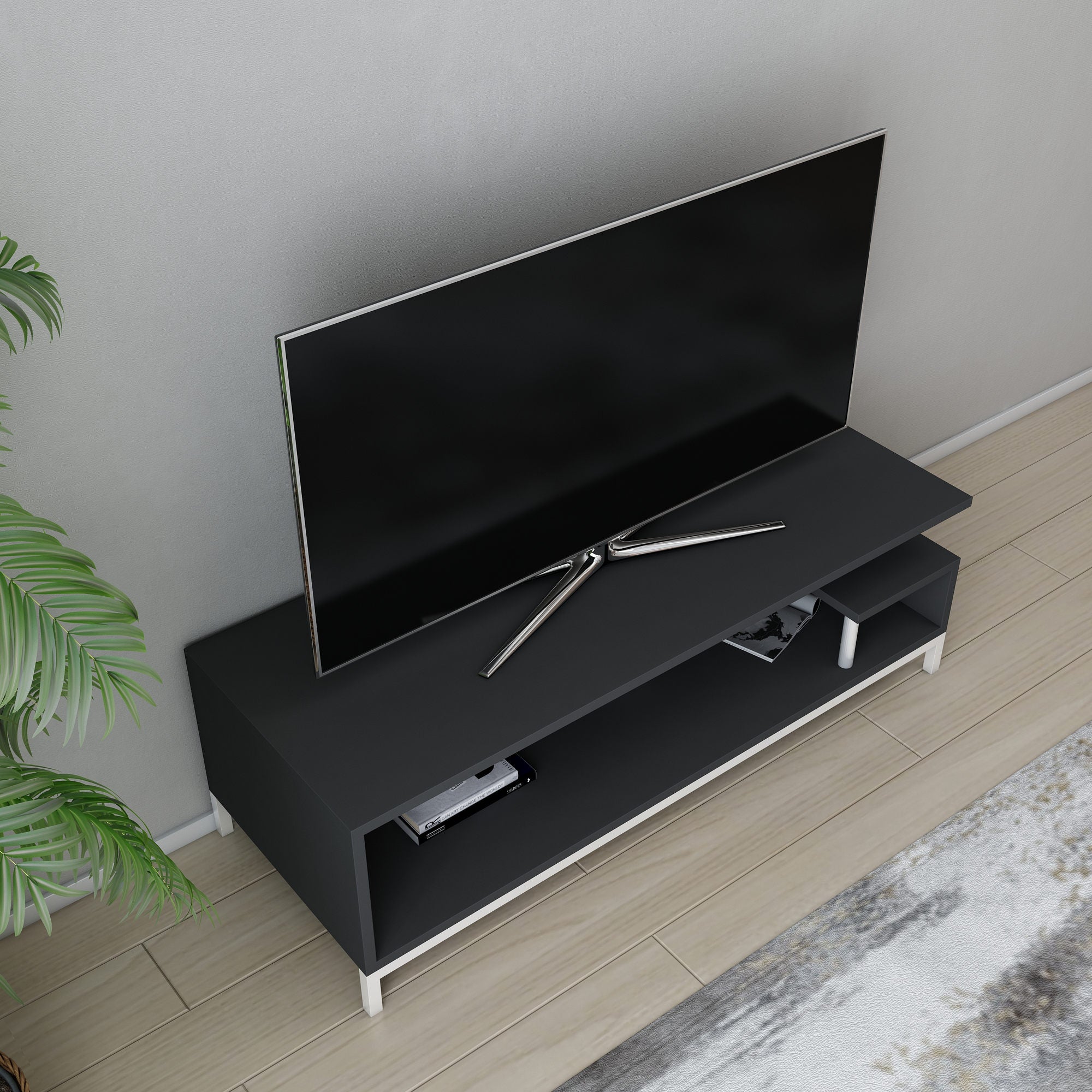 Móvel de TV escandinavo, 120 cm, branco e antracite | Painel de partículas 100% revestido de melamina, 18 mm de espessura | Elegante e funcional para salas de estar modernas