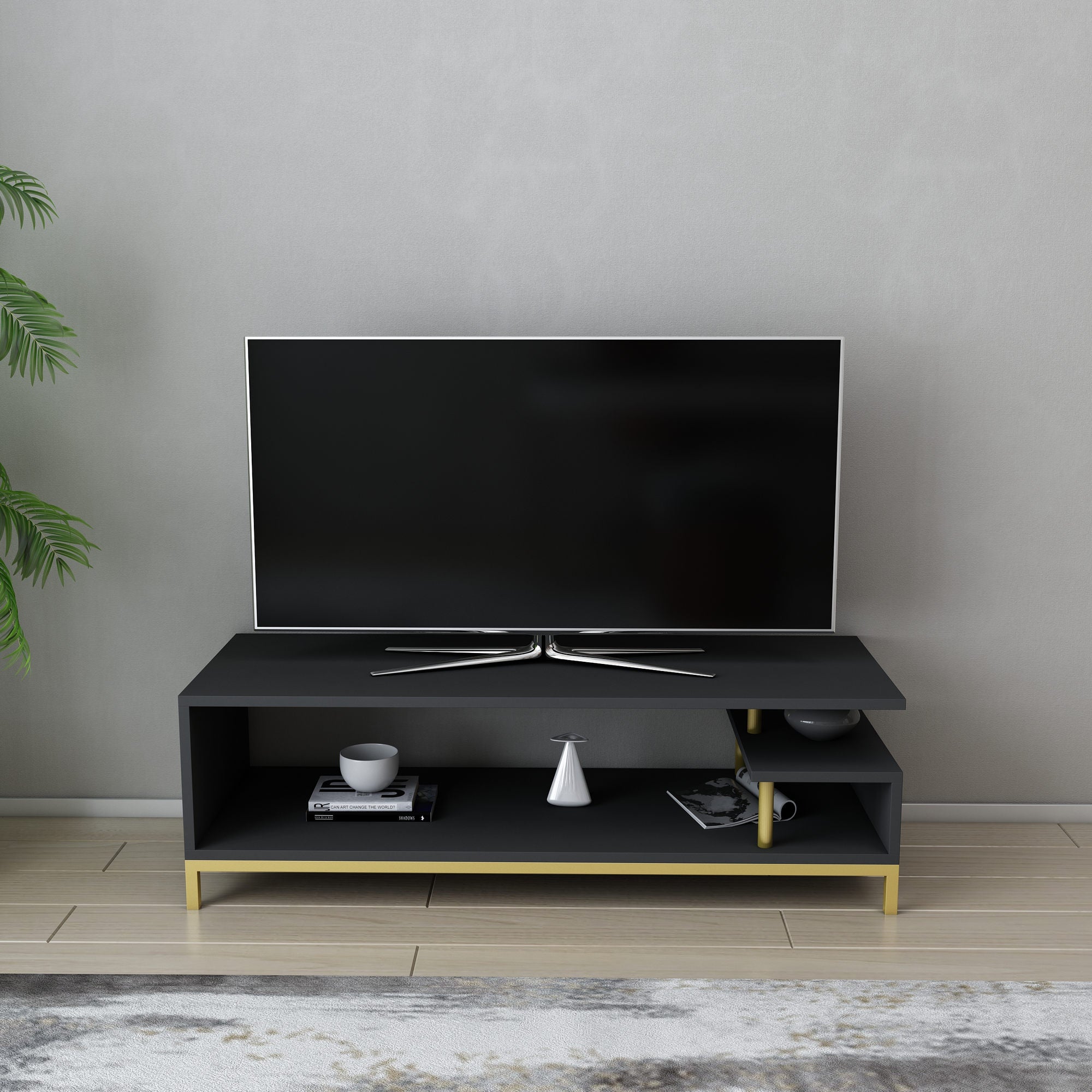 Móvel de TV Glamouroso, Dourado e Antracite, 120 x 44,6 x 37,6 cm | Painel de partículas 100% revestido em melamina, 18 mm de espessura | Elegante e funcional para salas de estar modernas