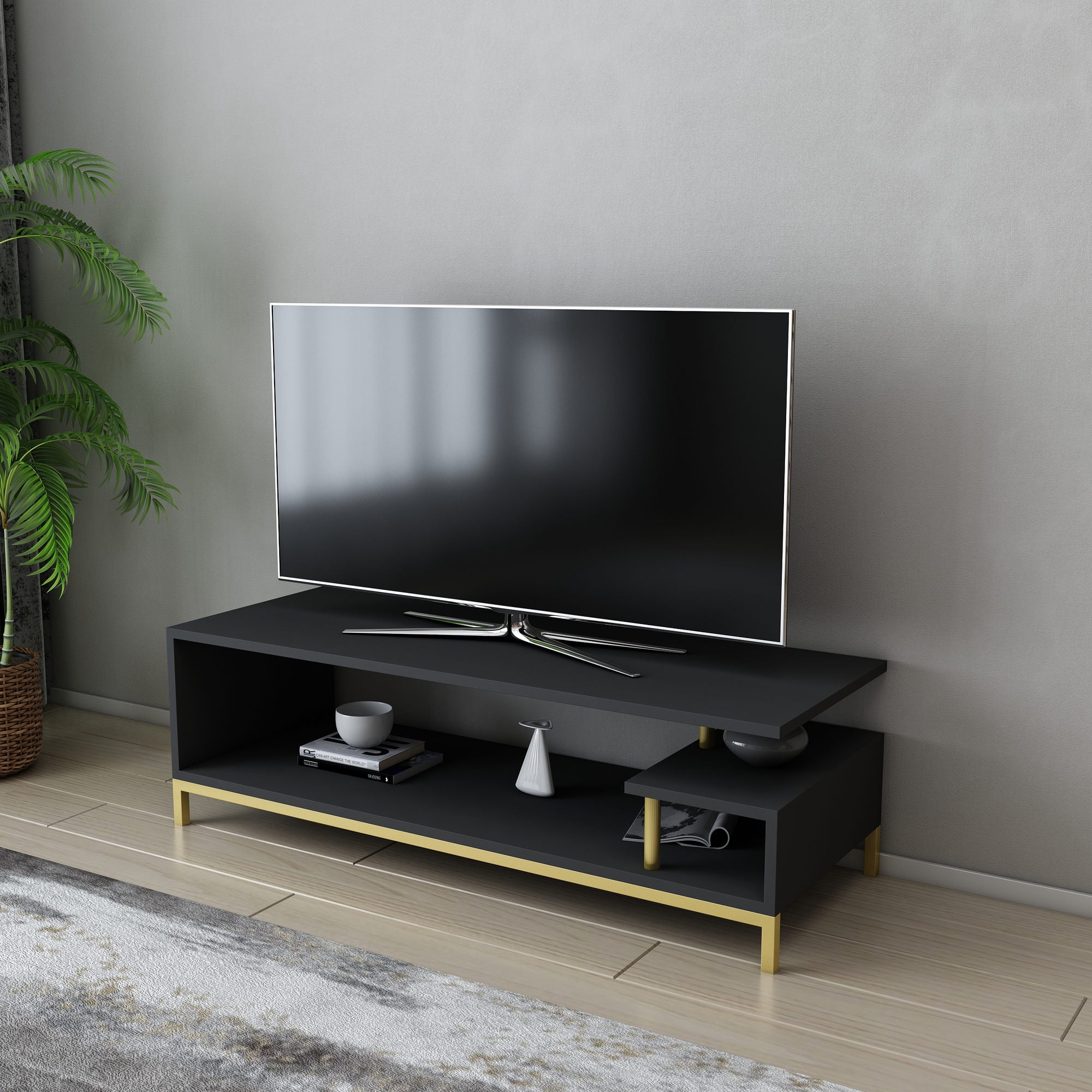 Móvel de TV Glamouroso, Dourado e Antracite, 120 x 44,6 x 37,6 cm | Painel de partículas 100% revestido em melamina, 18 mm de espessura | Elegante e funcional para salas de estar modernas