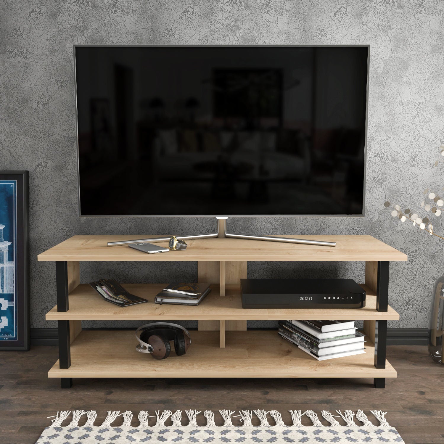 Móvel de TV industrial, preto e carvalho, 120 x 44,6 x 47,4 cm | Painel de partículas 100% revestido de melamina, 18 mm de espessura | Elegante e durável para salas de estar modernas