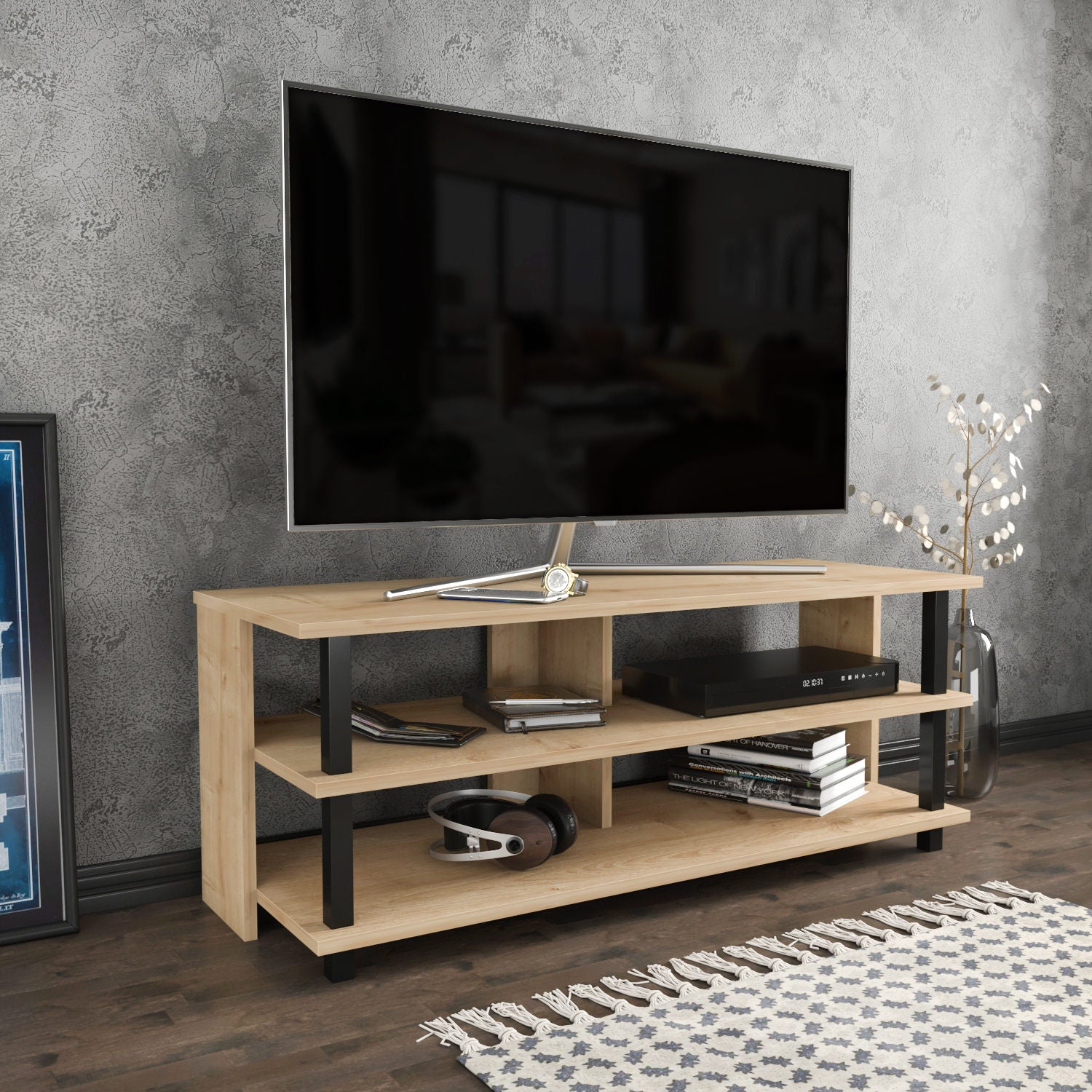 Móvel de TV industrial, preto e carvalho, 120 x 44,6 x 47,4 cm | Painel de partículas 100% revestido de melamina, 18 mm de espessura | Elegante e durável para salas de estar modernas