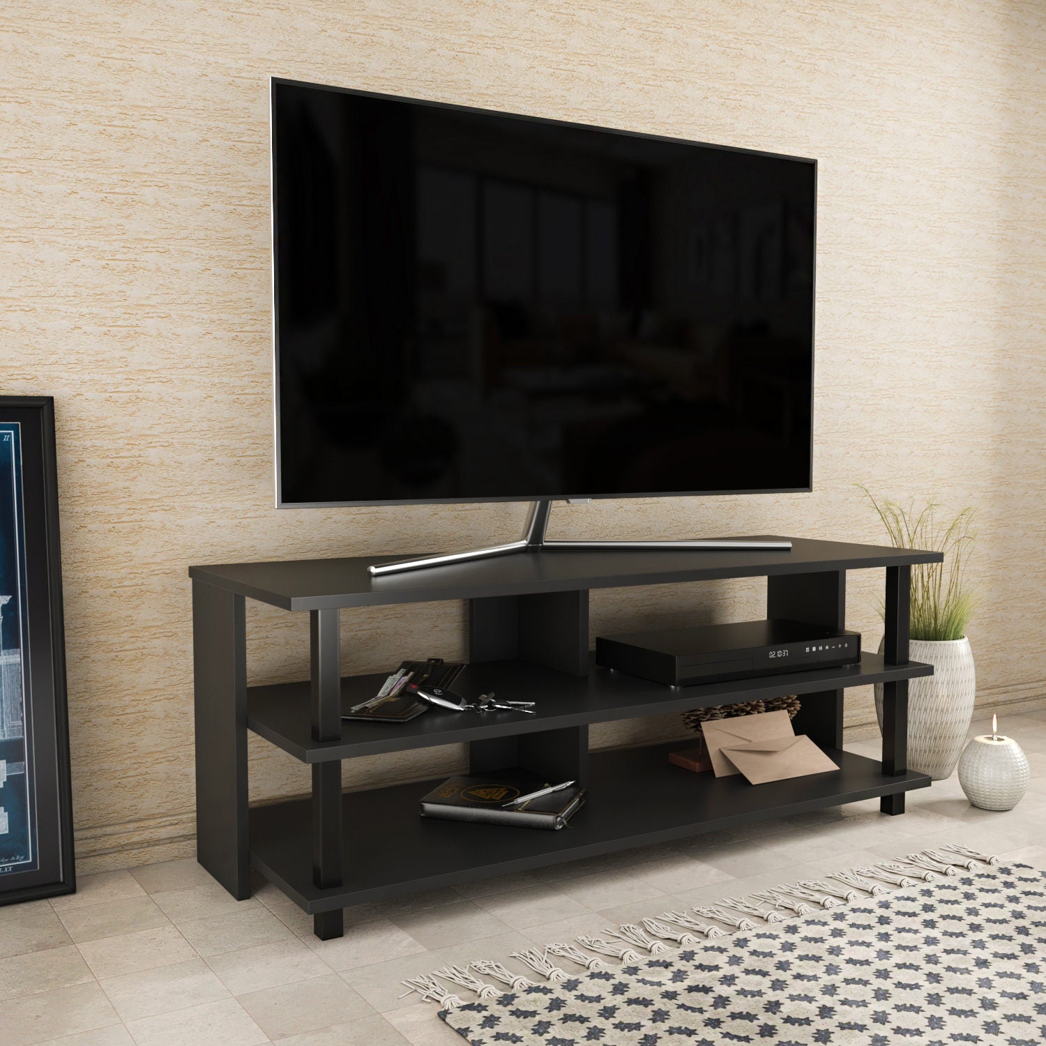 Móvel de TV industrial, preto e antracite, 120 x 44,6 x 47,4 cm | Painel de partículas 100% revestido em melamina, 18 mm de espessura | Elegante e durável para salas de estar modernas