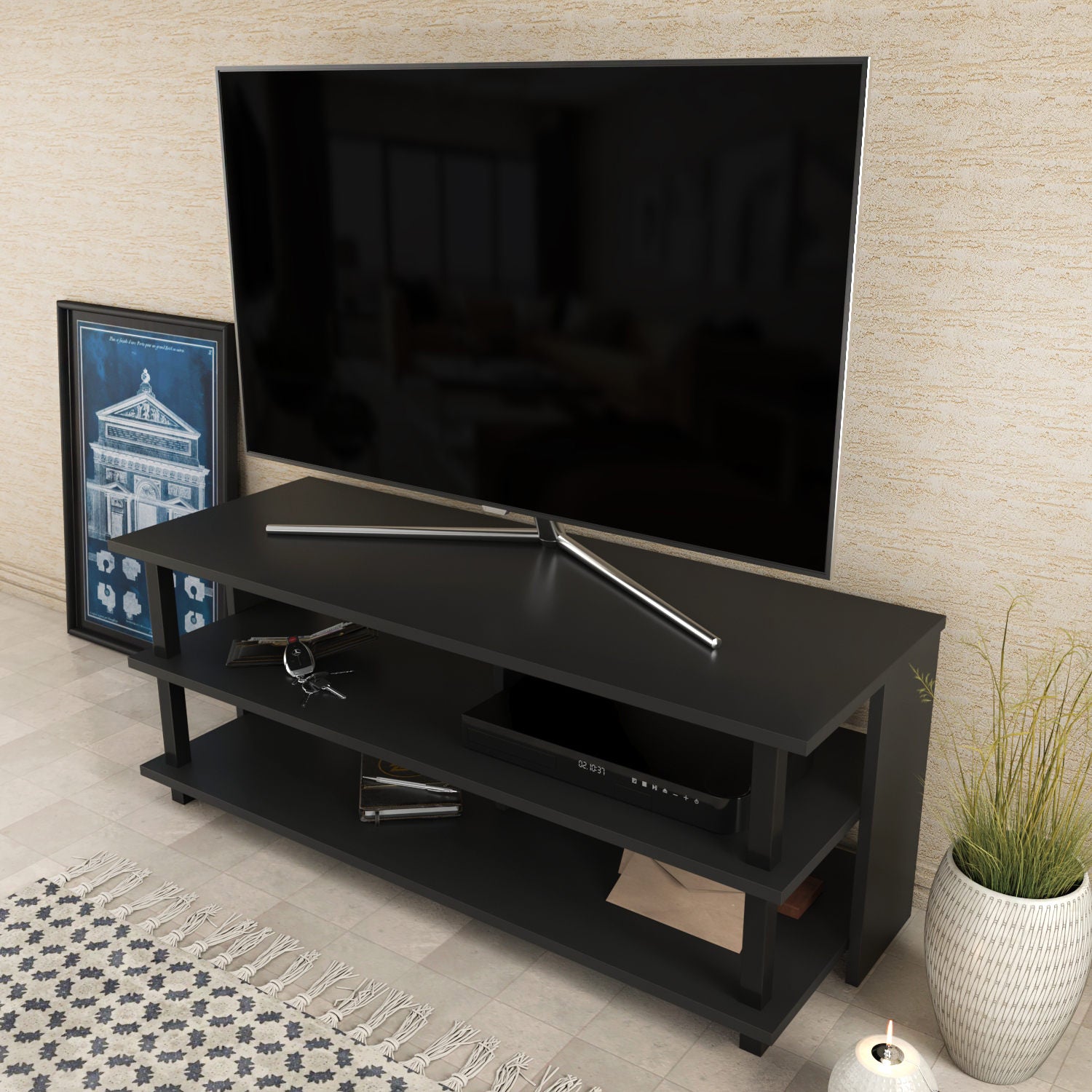 Móvel de TV industrial, preto e antracite, 120 x 44,6 x 47,4 cm | Painel de partículas 100% revestido em melamina, 18 mm de espessura | Elegante e durável para salas de estar modernas
