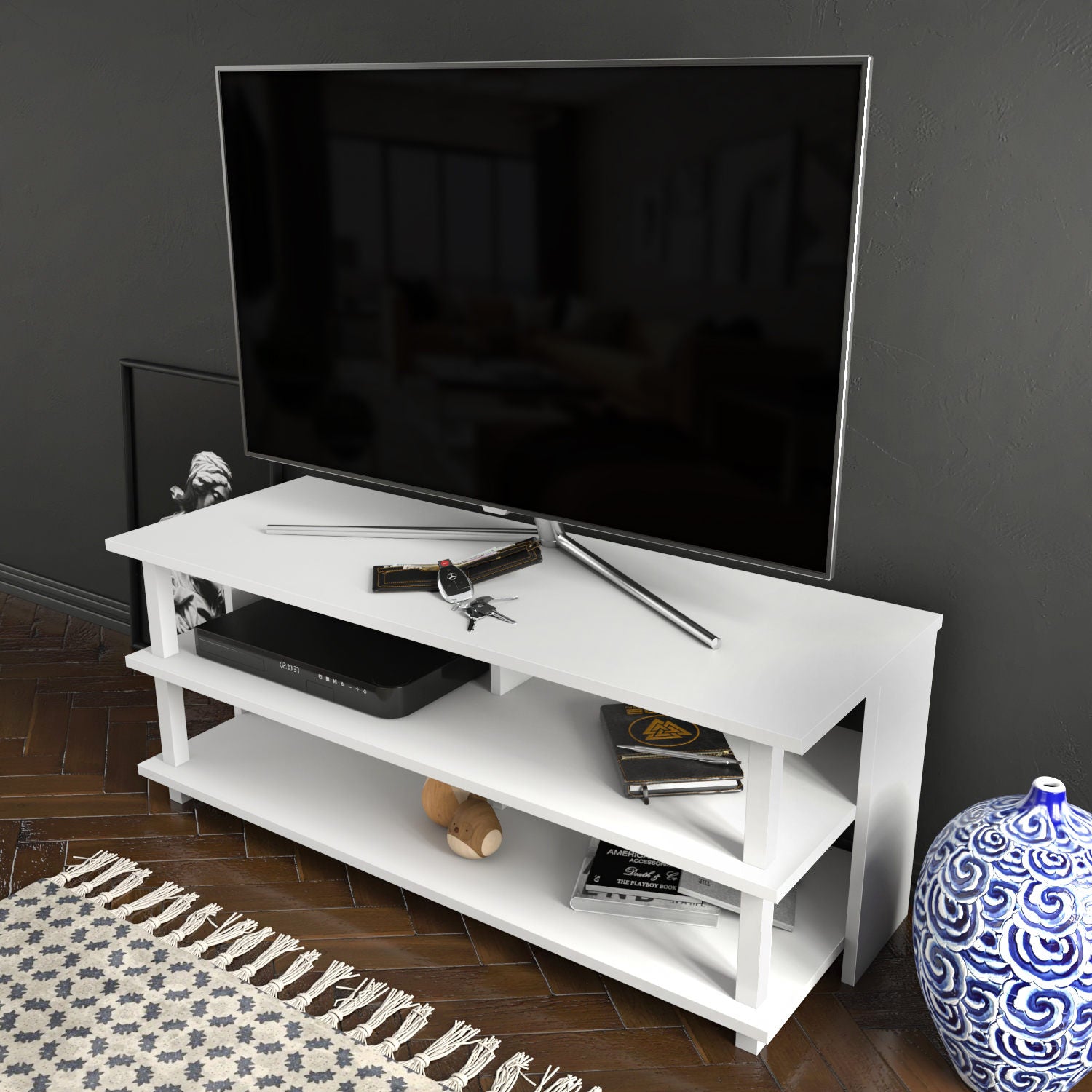 Móvel de TV escandinavo, branco, 120 x 44,6 x 47,4 cm | Painel de partículas 100% revestido de melamina, 18 mm de espessura | Elegante e funcional para salas de estar modernas