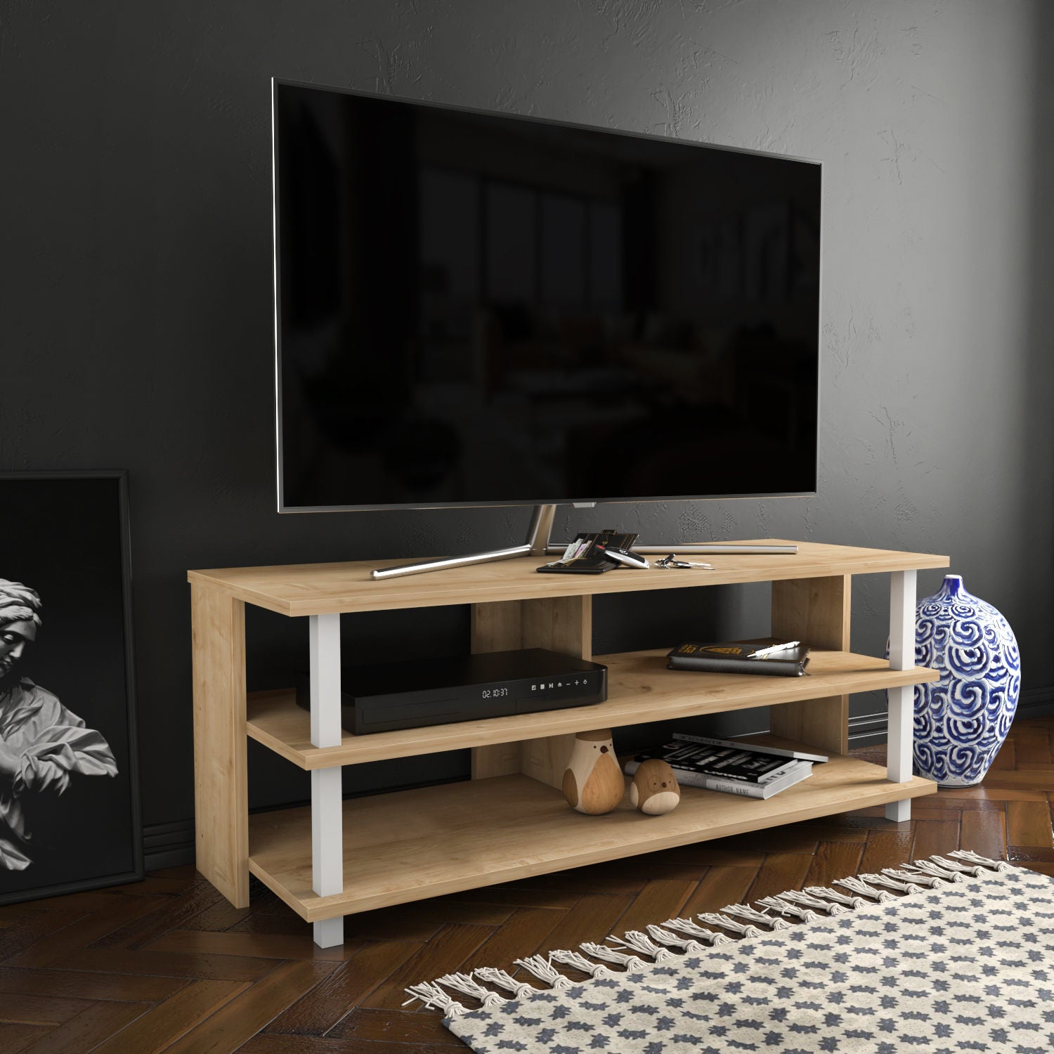 Móvel de TV escandinavo, branco e carvalho, 120 x 44,6 x 47,4 cm | Painel de partículas 100% revestido de melamina, 18 mm de espessura | Elegante e funcional para salas de estar modernas