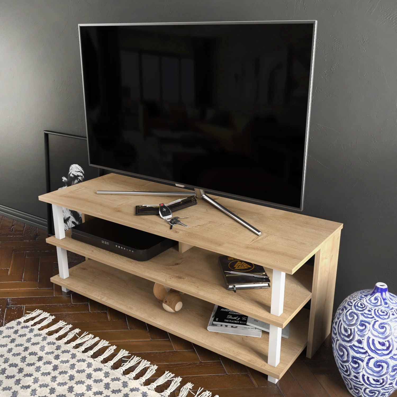 Móvel de TV escandinavo, branco e carvalho, 120 x 44,6 x 47,4 cm | Painel de partículas 100% revestido de melamina, 18 mm de espessura | Elegante e funcional para salas de estar modernas