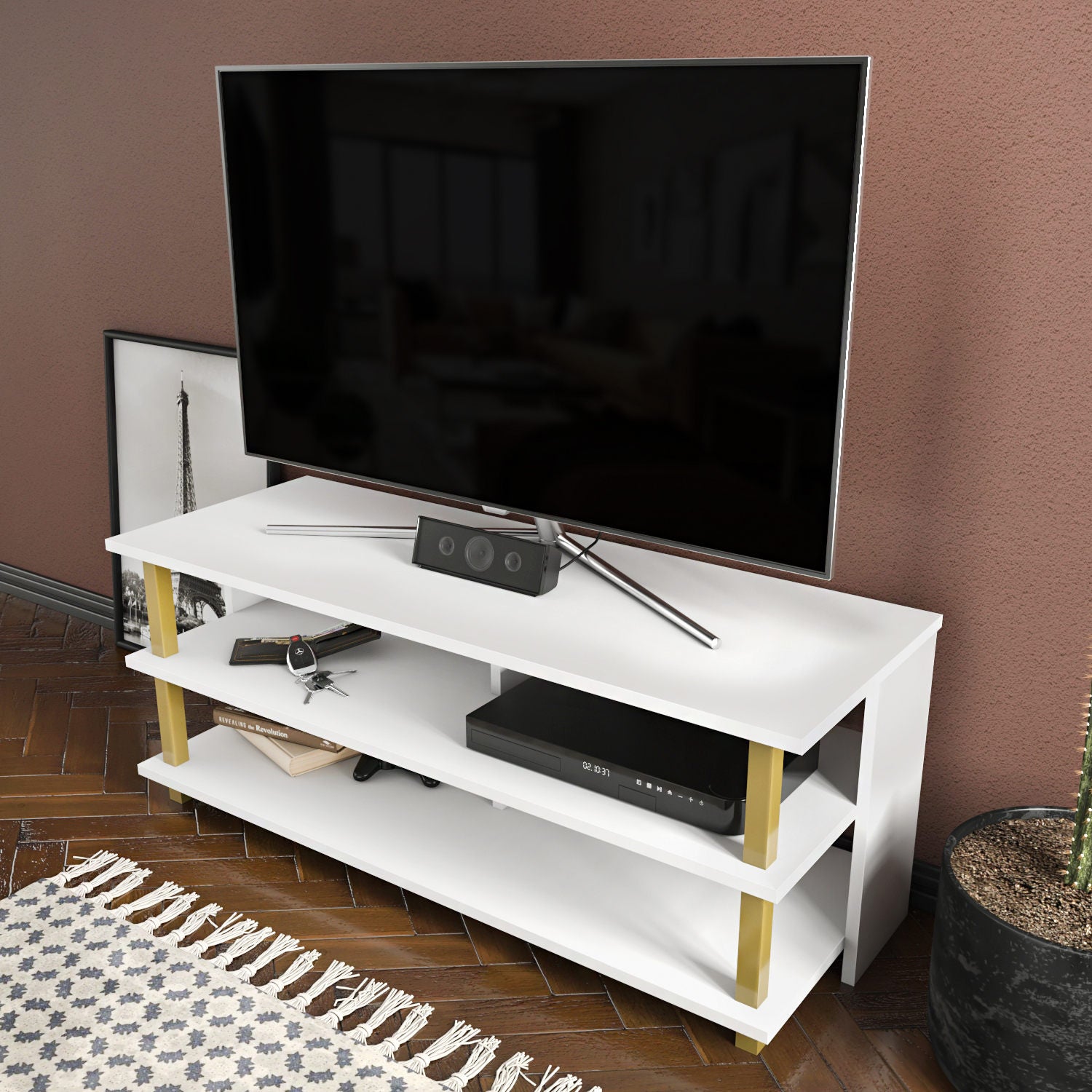 Móvel de TV Glamouroso, Dourado e Branco, 120 x 44,6 x 47,4 cm | Painel de partículas 100% revestido em melamina, 18 mm de espessura | Elegante e funcional para salas de estar modernas
