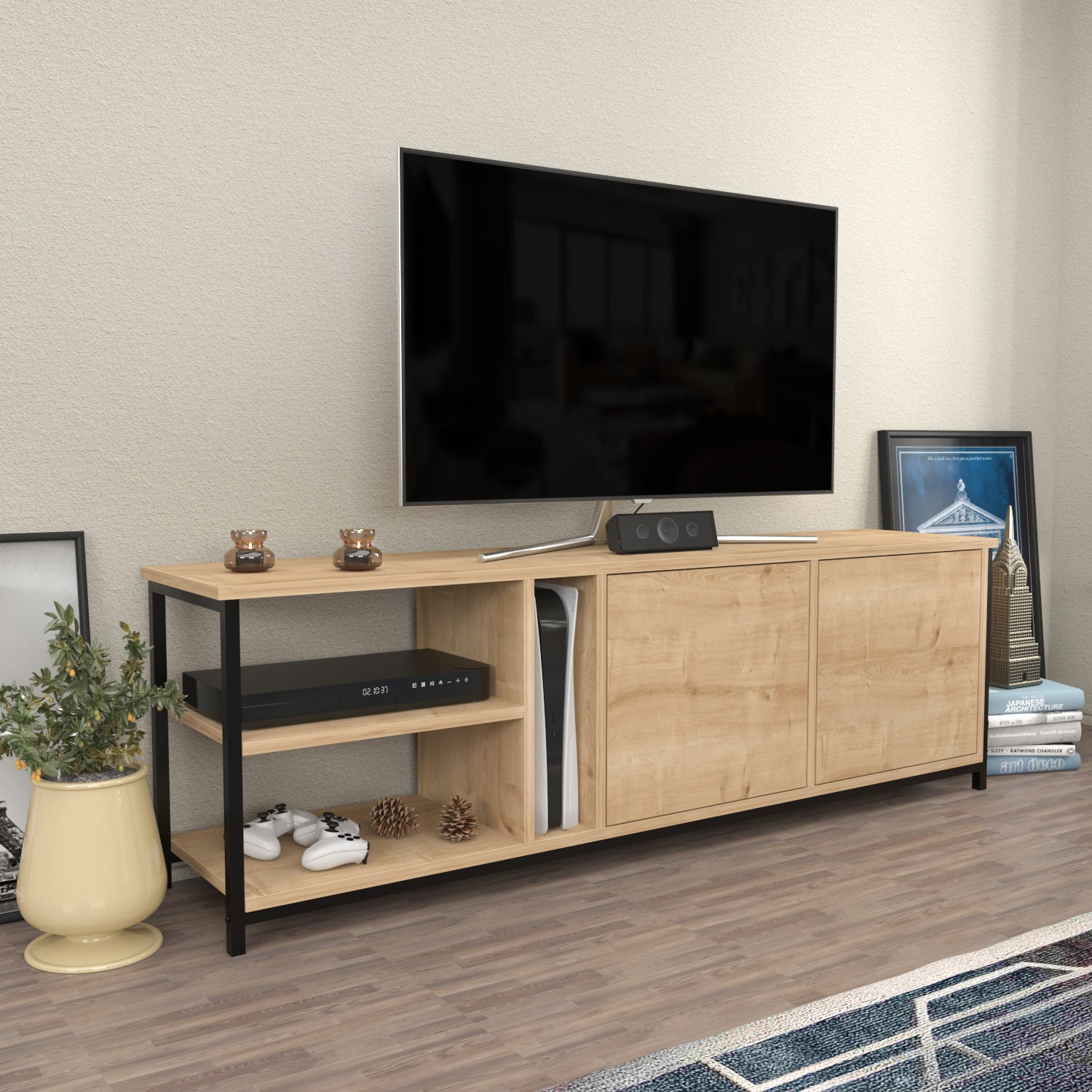 Móvel de TV industrial, preto e carvalho, 160 x 35,3 x 50,8 cm | Painel de partículas 100% revestido de melamina, 18 mm de espessura | Elegante e funcional para salas de estar modernas