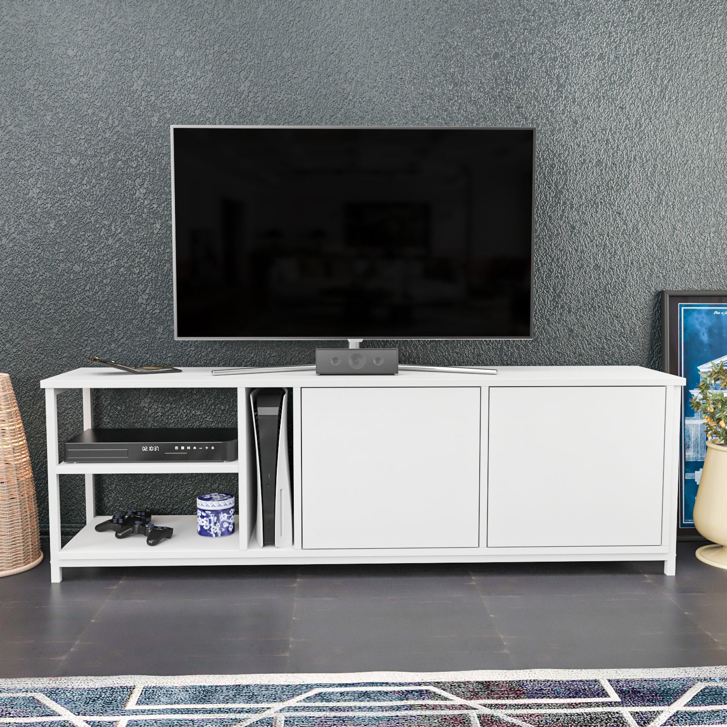Móvel de TV escandinavo, branco, 160 x 35,3 x 50,8 cm | Painel de partículas 100% revestido de melamina, 18 mm de espessura | Elegante e funcional para salas de estar modernas