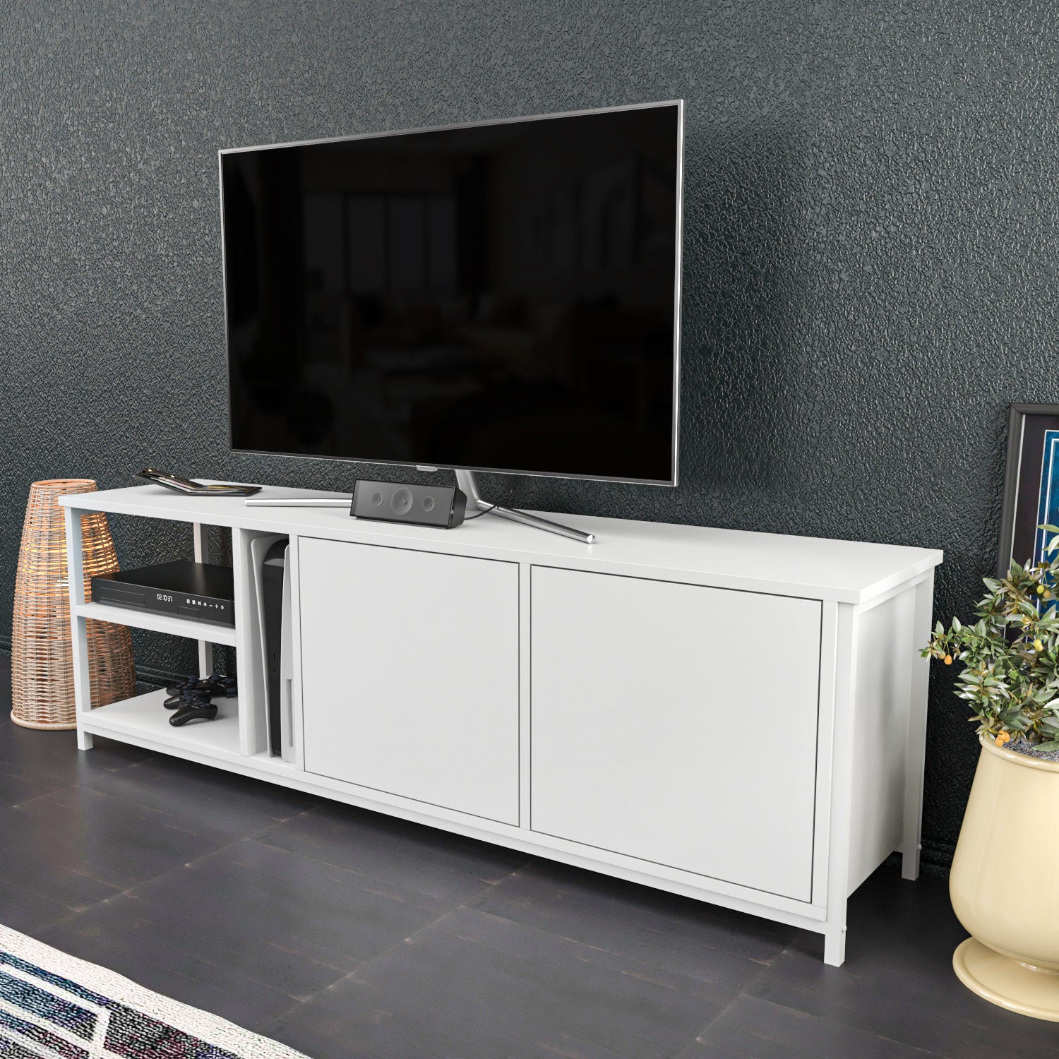 Móvel de TV escandinavo, branco, 160 x 35,3 x 50,8 cm | Painel de partículas 100% revestido de melamina, 18 mm de espessura | Elegante e funcional para salas de estar modernas
