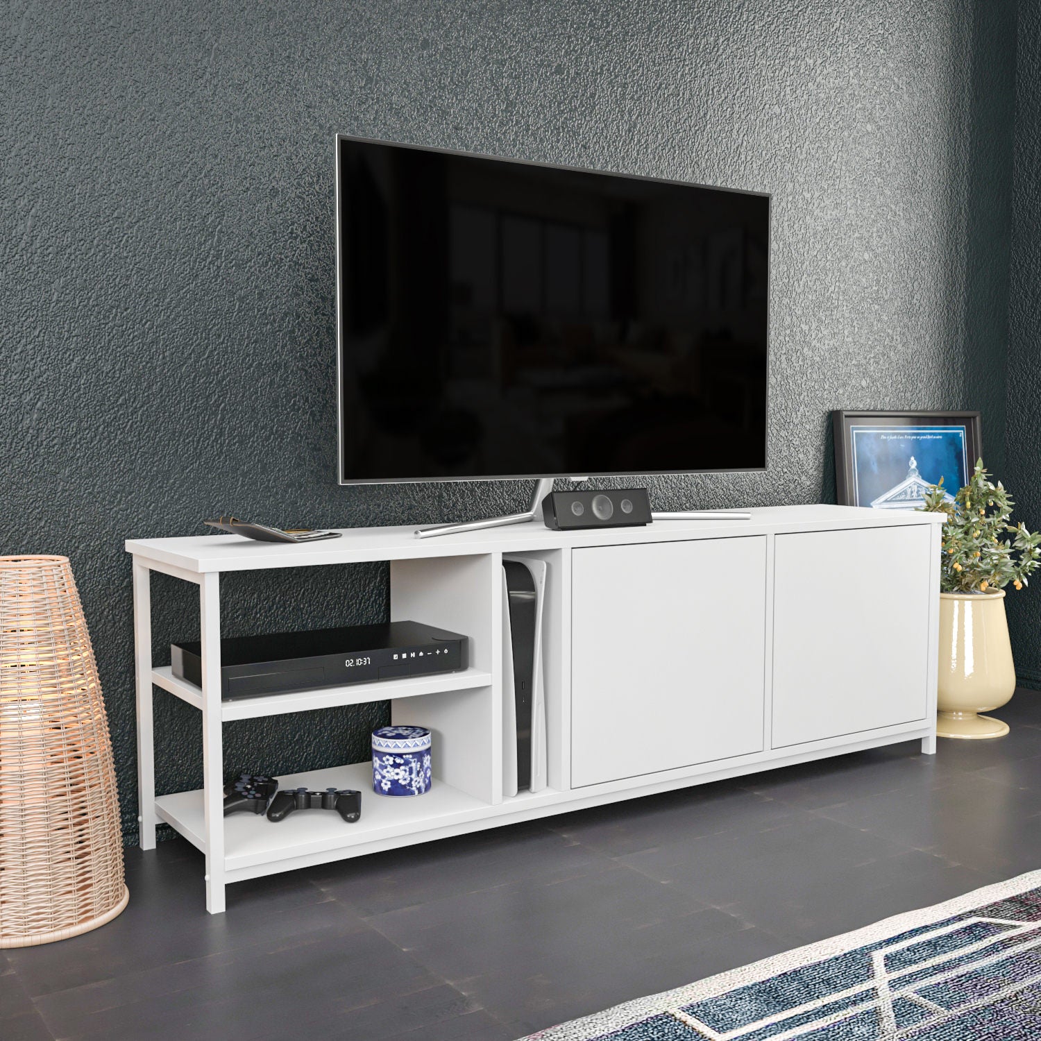 Móvel de TV escandinavo, branco, 160 x 35,3 x 50,8 cm | Painel de partículas 100% revestido de melamina, 18 mm de espessura | Elegante e funcional para salas de estar modernas