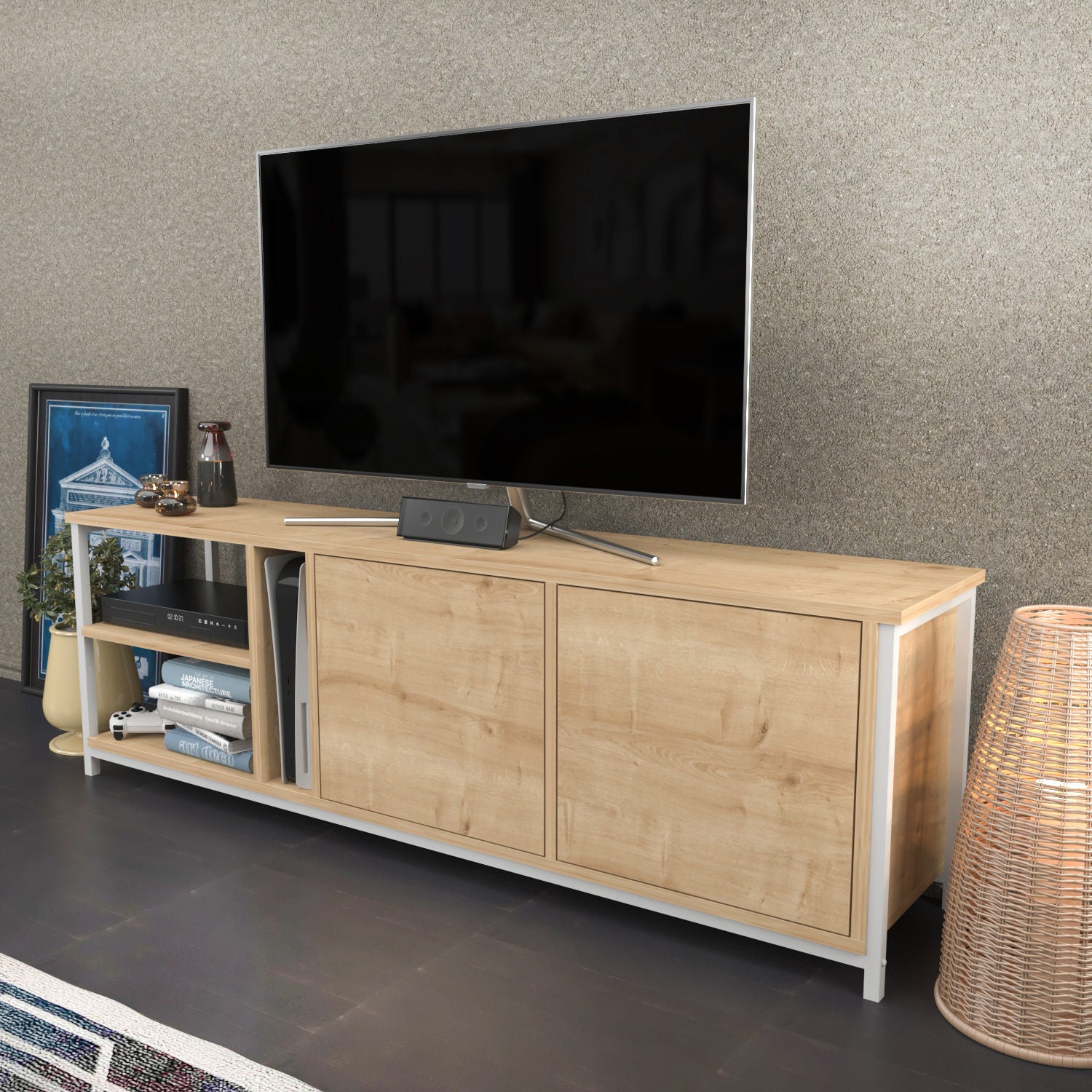Móvel de TV escandinavo, branco e carvalho, 160 cm x 35,3 cm x 50,8 cm | Painel de partículas 100% revestido de melamina, 18 mm de espessura | Design elegante e funcional para salas de estar modernas