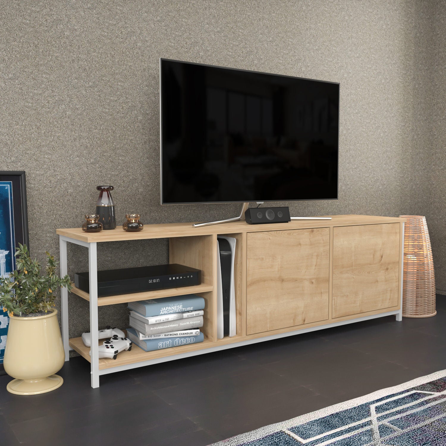 Móvel de TV escandinavo, branco e carvalho, 160 cm x 35,3 cm x 50,8 cm | Painel de partículas 100% revestido de melamina, 18 mm de espessura | Design elegante e funcional para salas de estar modernas