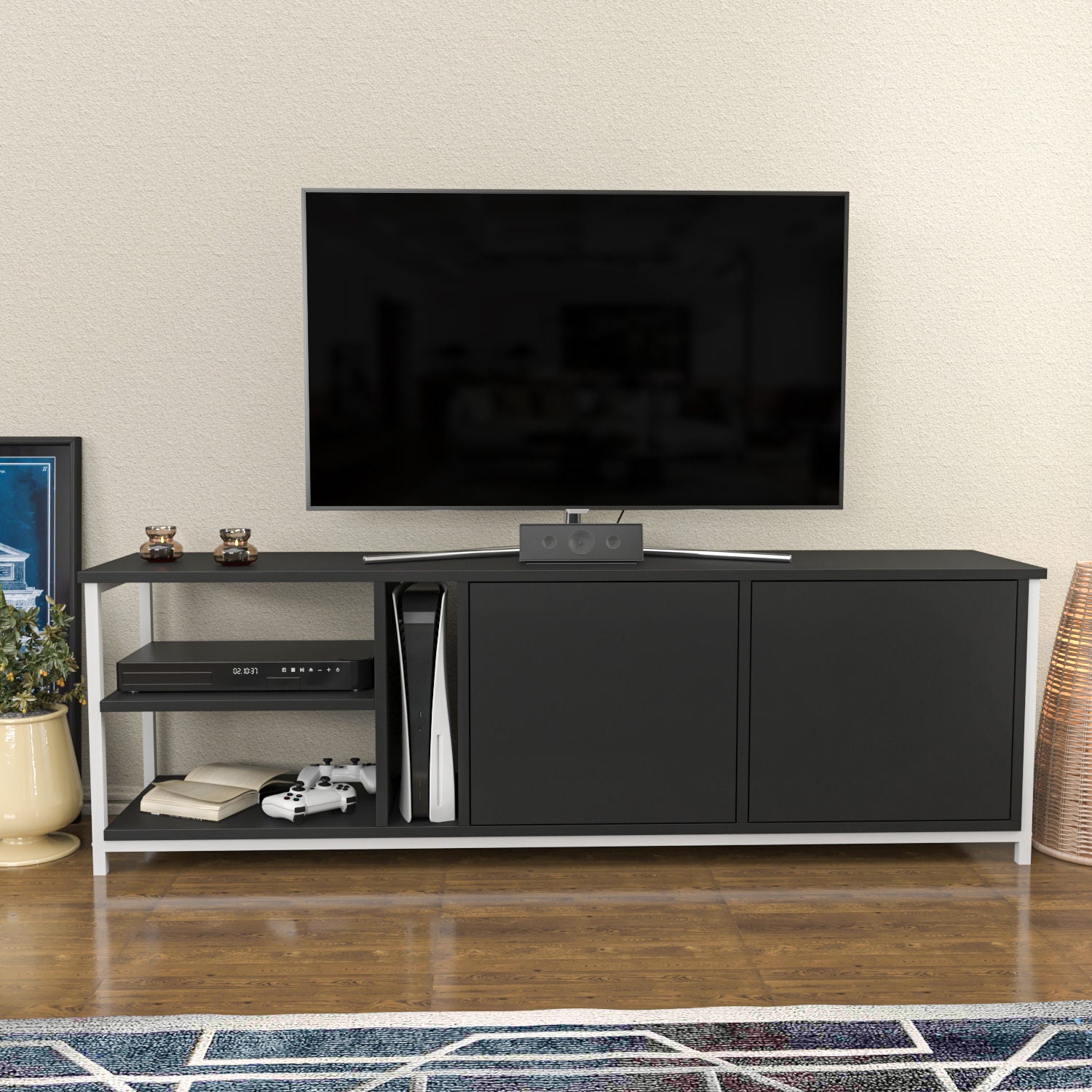 Móvel de TV elegante, 160 cm de largura, branco e antracite | Painel de partículas 100% revestido de melamina, 18 mm de espessura | Design moderno para salas de estar e espaços de entretenimento