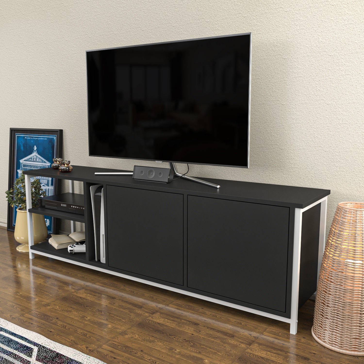 Móvel de TV elegante, 160 cm de largura, branco e antracite | Painel de partículas 100% revestido de melamina, 18 mm de espessura | Design moderno para salas de estar e espaços de entretenimento