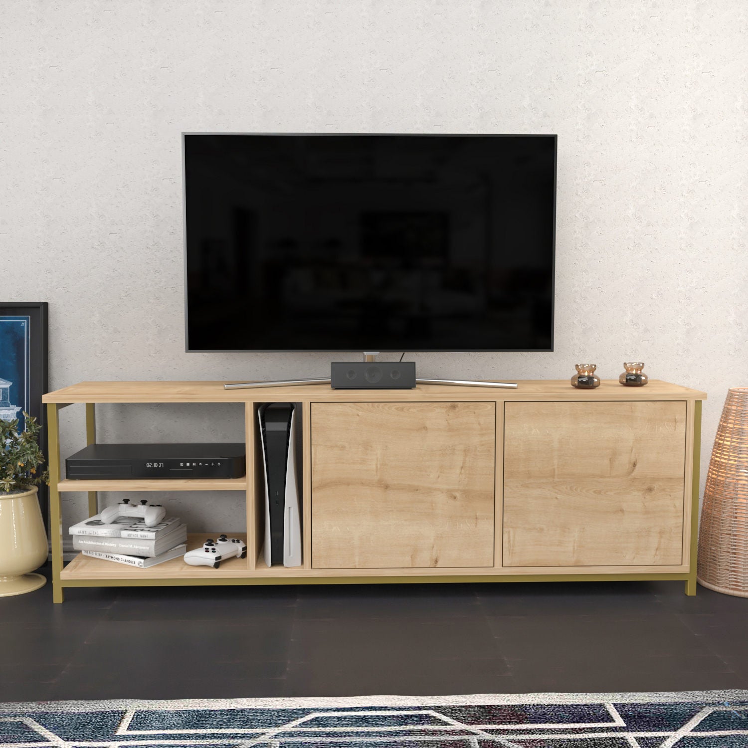 Móvel de TV elegante em carvalho e dourado, 160 cm de largura, 50,8 cm de altura | Painel de partículas 100% revestido em melamina, 18 mm de espessura | Perfeito para salas de estar modernas