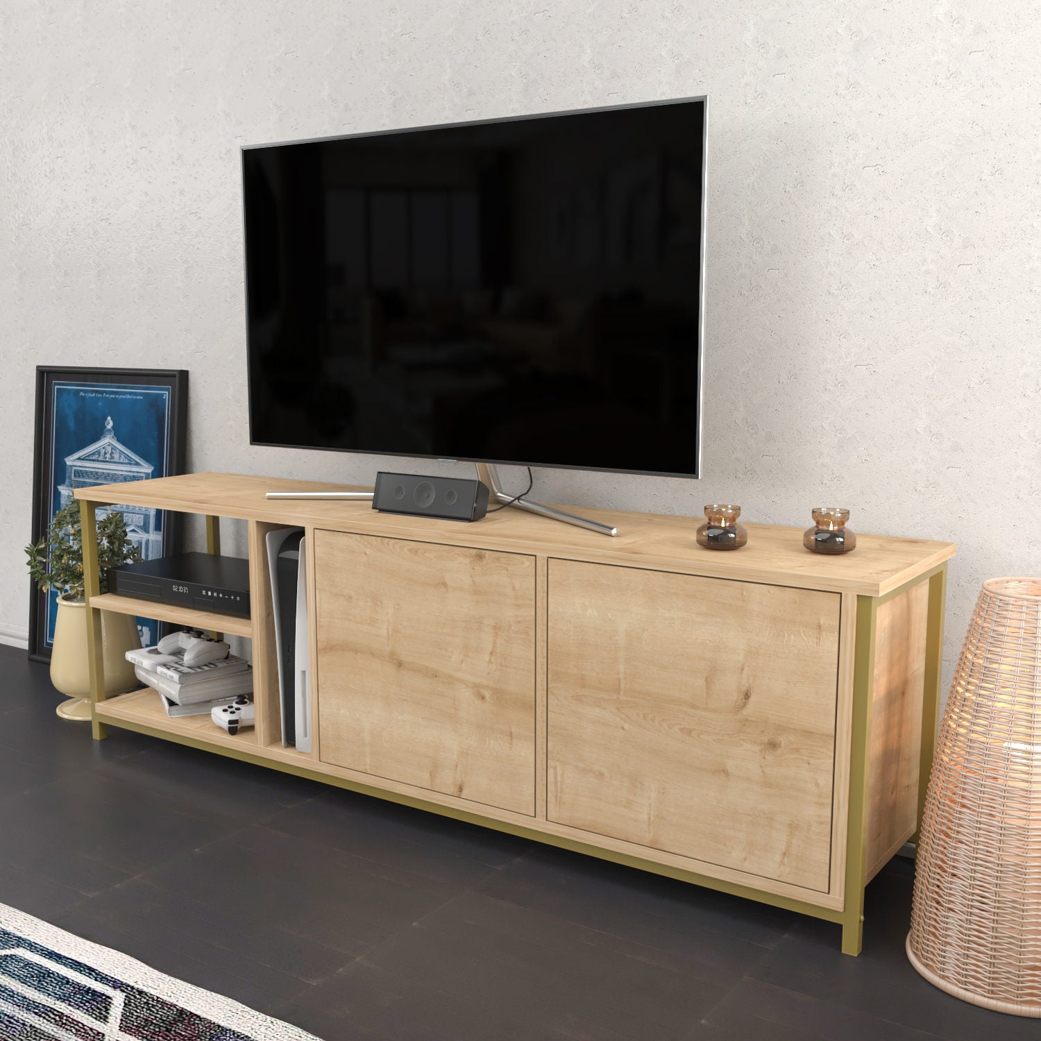 Móvel de TV elegante em carvalho e dourado, 160 cm de largura, 50,8 cm de altura | Painel de partículas 100% revestido em melamina, 18 mm de espessura | Perfeito para salas de estar modernas