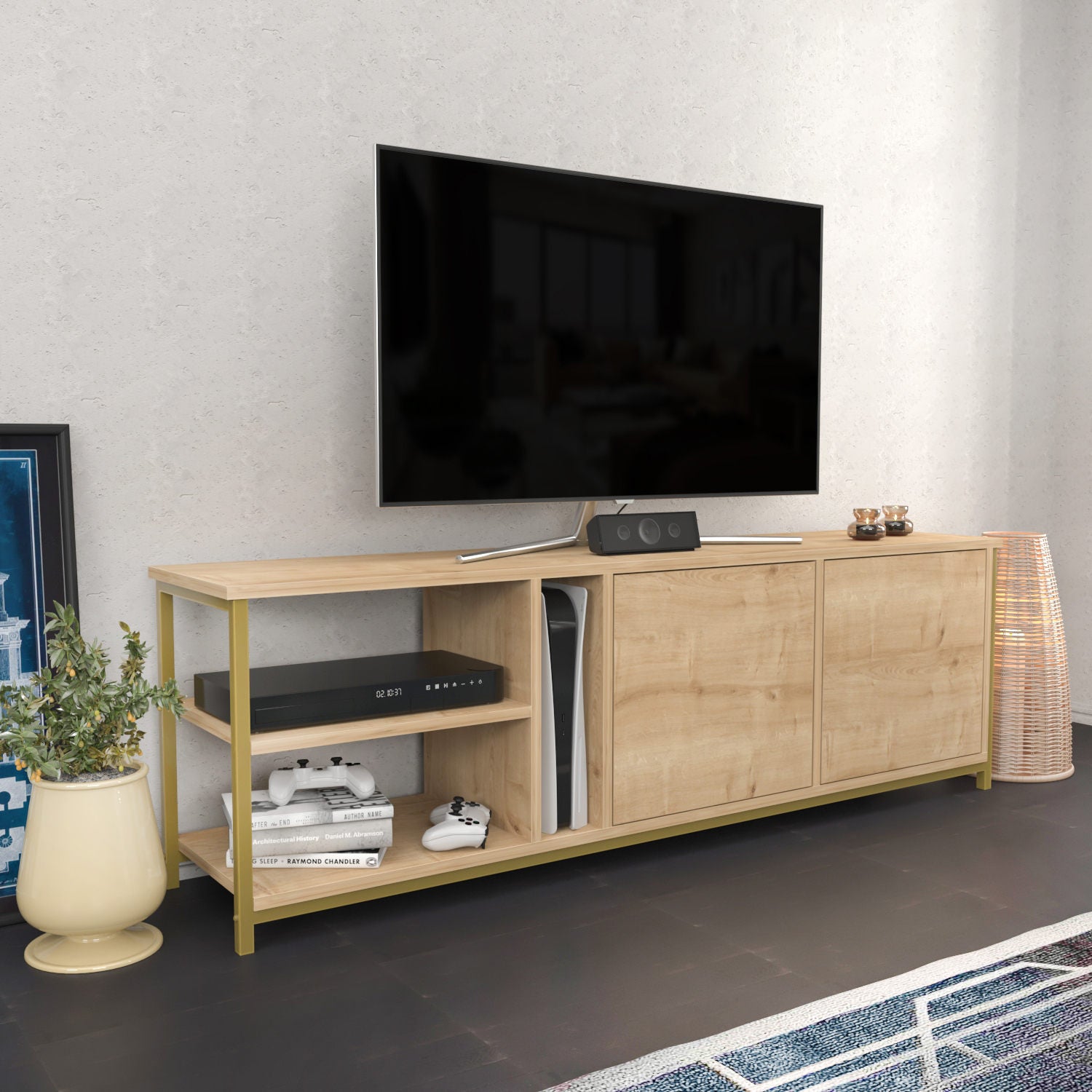 Móvel de TV elegante em carvalho e dourado, 160 cm de largura, 50,8 cm de altura | Painel de partículas 100% revestido em melamina, 18 mm de espessura | Perfeito para salas de estar modernas