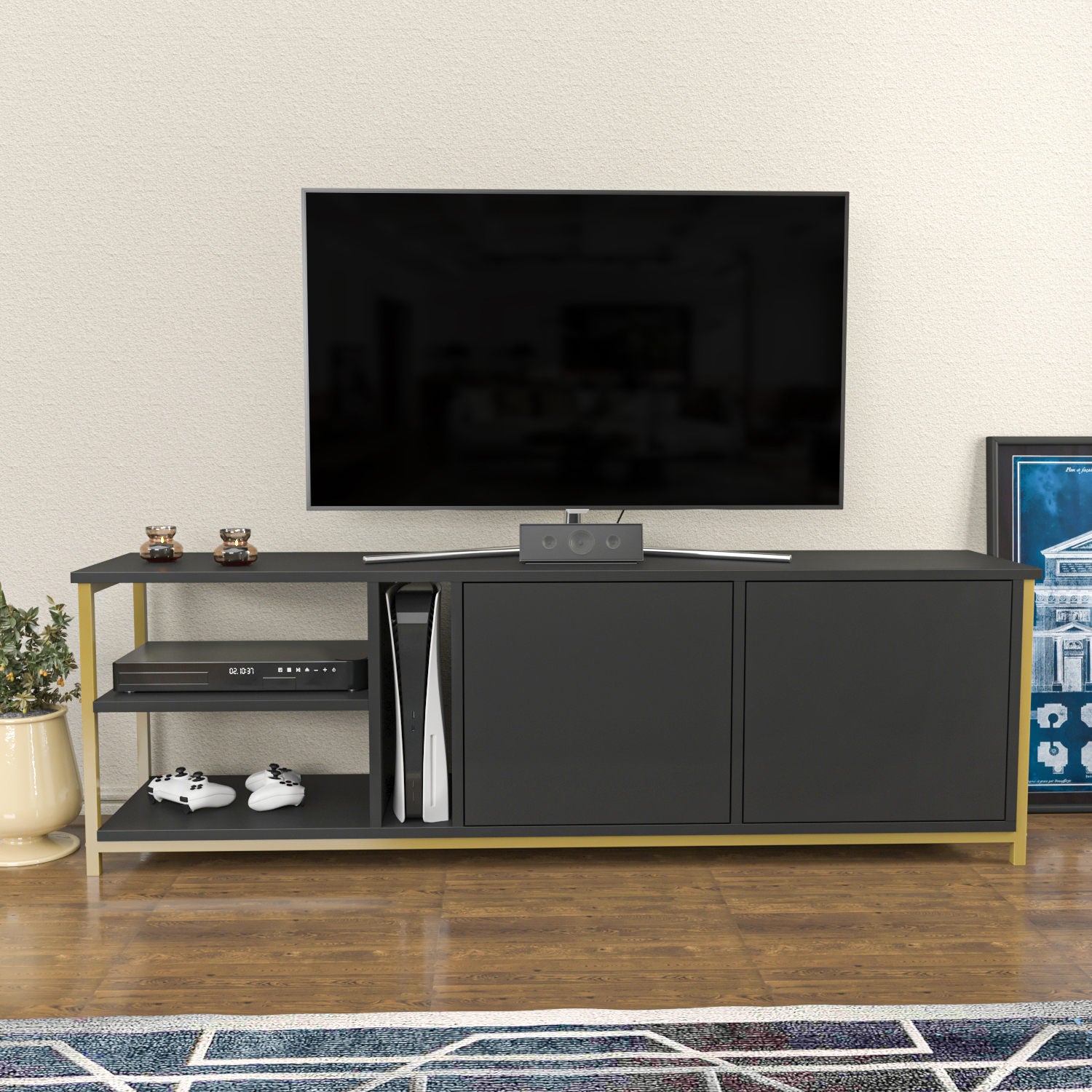 Móvel de TV Glamouroso, Antracite e Dourado, 160 x 35,3 x 50,8 cm | Painel de partículas 100% revestido em melamina, 18 mm de espessura | Elegante e funcional para salas de estar modernas