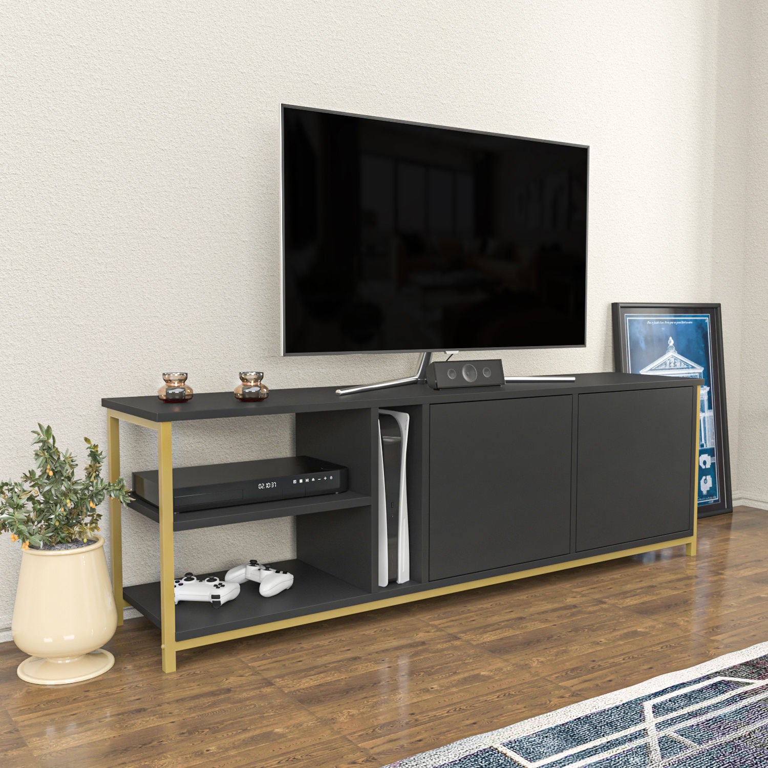 Móvel de TV Glamouroso, Antracite e Dourado, 160 x 35,3 x 50,8 cm | Painel de partículas 100% revestido em melamina, 18 mm de espessura | Elegante e funcional para salas de estar modernas
