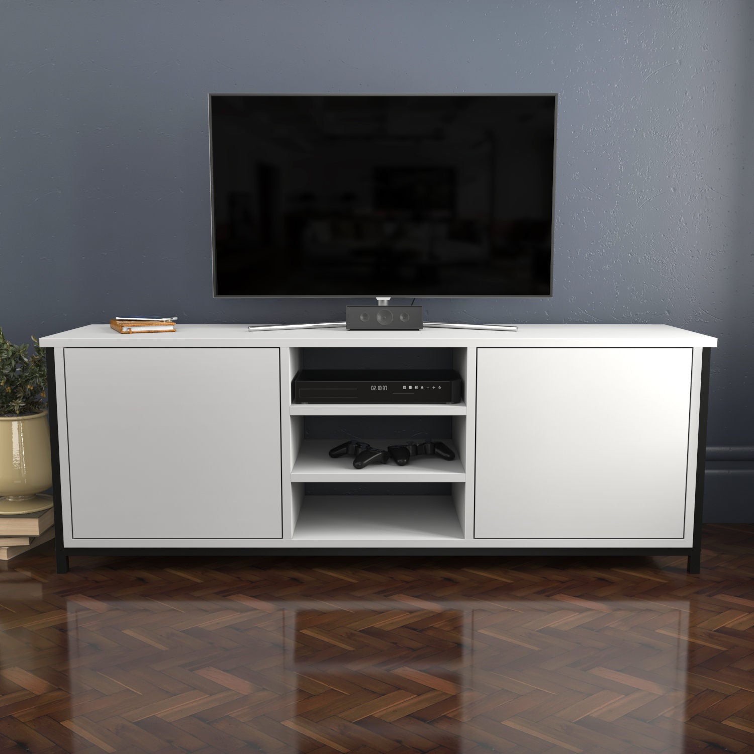 Móvel de TV elegante, preto e branco, 140 cm x 35,3 cm x 50,8 cm | Painel de partículas 100% revestido de melamina, 18 mm de espessura | Design moderno para salas de estar e espaços de entretenimento