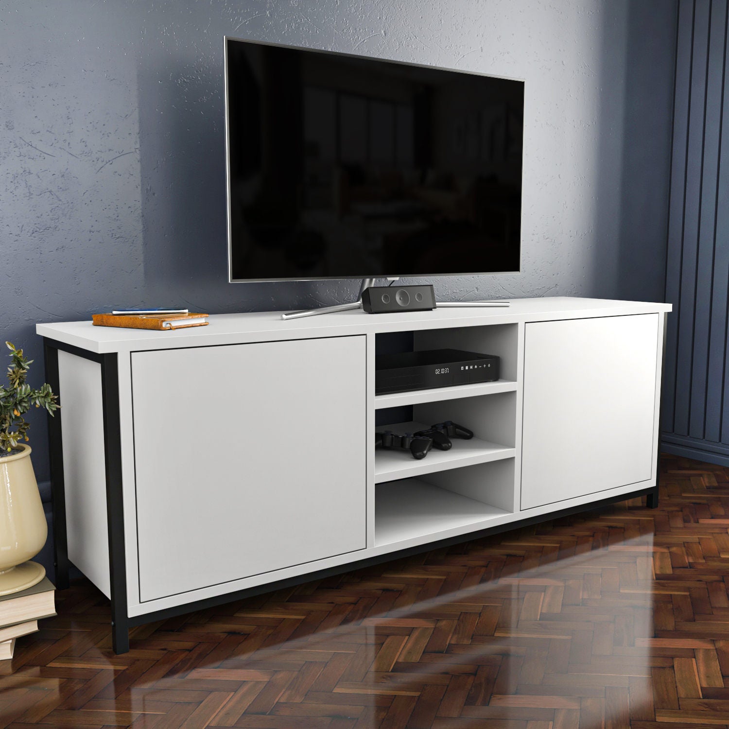 Móvel de TV elegante, preto e branco, 140 cm x 35,3 cm x 50,8 cm | Painel de partículas 100% revestido de melamina, 18 mm de espessura | Design moderno para salas de estar e espaços de entretenimento