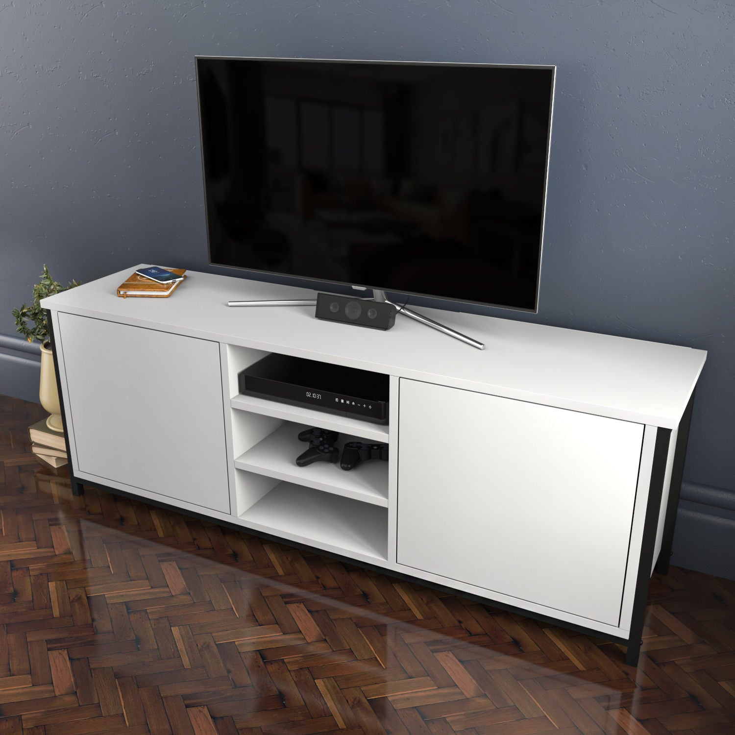 Móvel de TV elegante, preto e branco, 140 cm x 35,3 cm x 50,8 cm | Painel de partículas 100% revestido de melamina, 18 mm de espessura | Design moderno para salas de estar e espaços de entretenimento