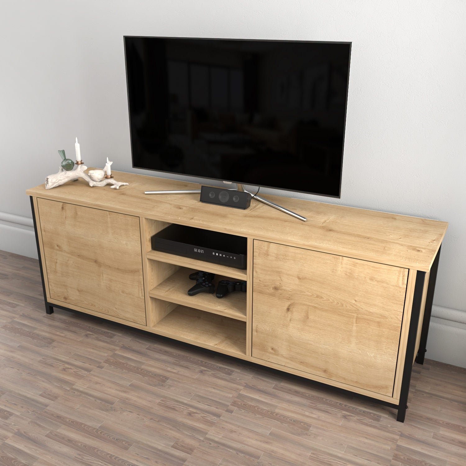 Móvel de TV industrial, carvalho e preto, 140 x 35,3 x 50,8 cm | Painel de partículas 100% revestido de melamina, 18 mm de espessura | Elegante e durável para salas de estar modernas