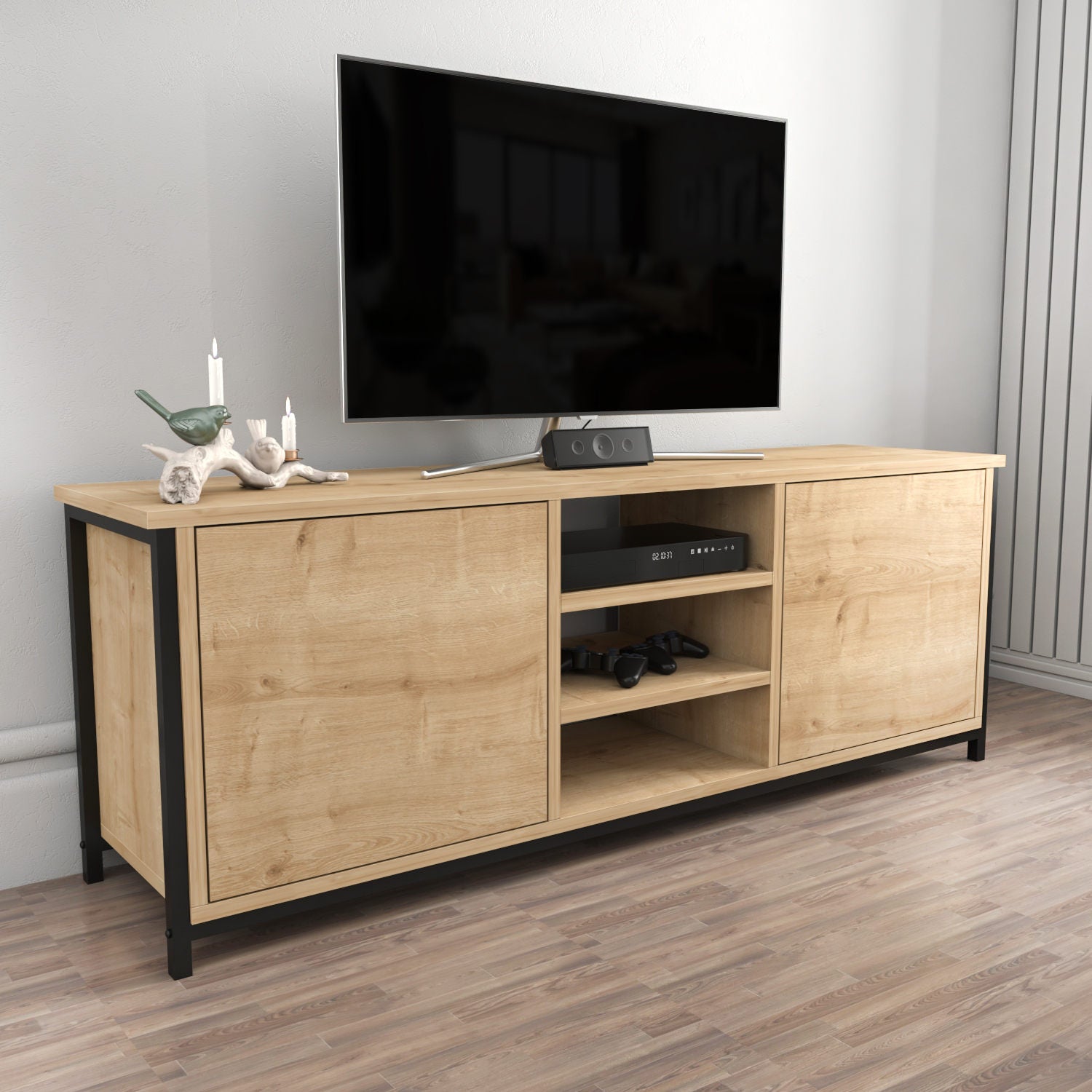 Móvel de TV industrial, carvalho e preto, 140 x 35,3 x 50,8 cm | Painel de partículas 100% revestido de melamina, 18 mm de espessura | Elegante e durável para salas de estar modernas